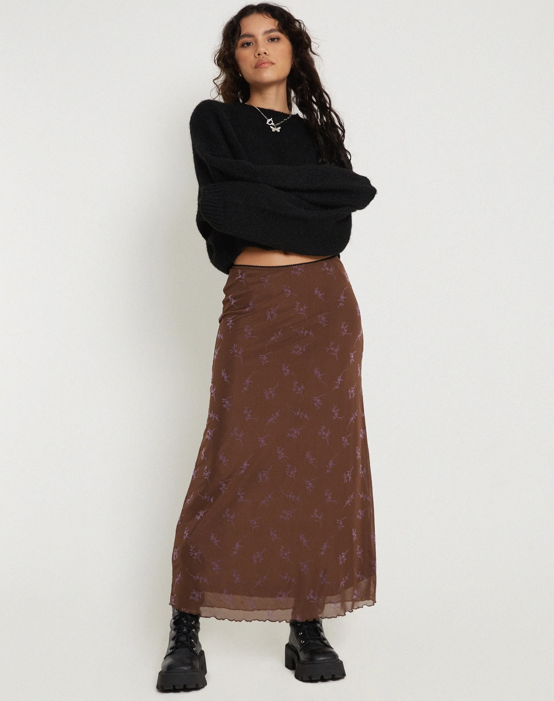 Rindu Maxi Skirt in Flower Stem Flock Brown