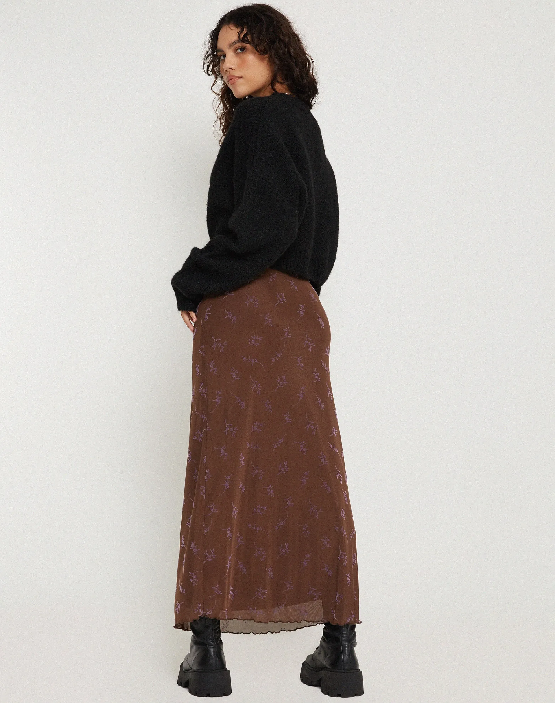 Rindu Maxi Skirt in Flower Stem Flock Brown