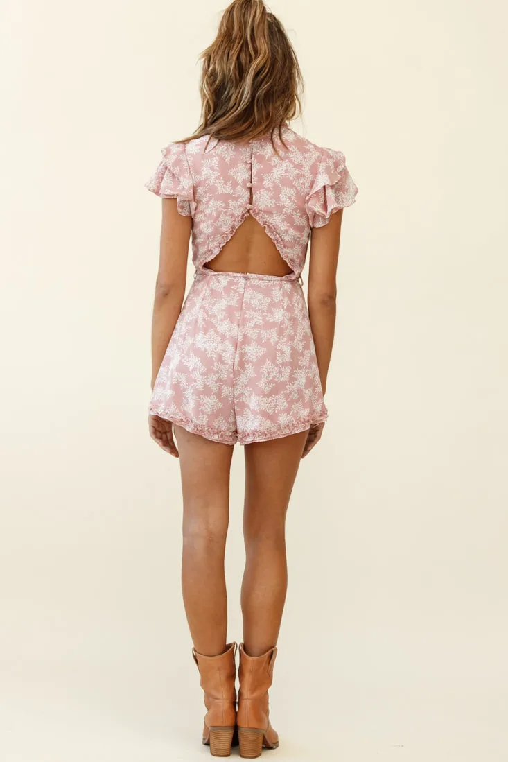 Rome Standing Collar Short Sleeve Romper Leaf Print Pink