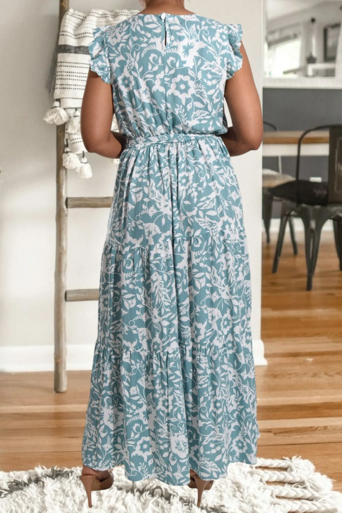 Sage Floral Ruffle Tie Dress