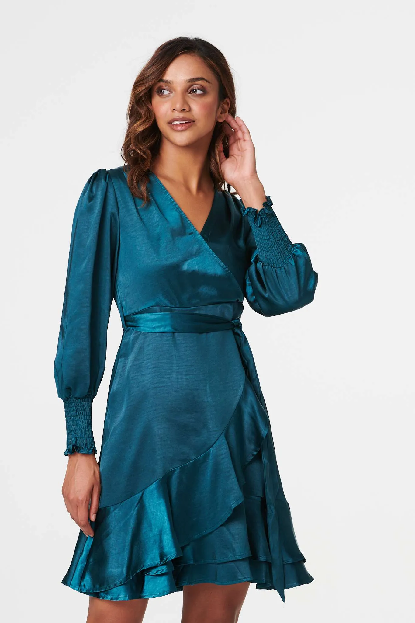 Satin Frill Detail Wrap Dress