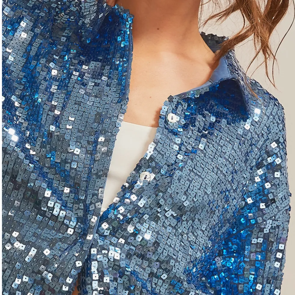 Shimmer & Sparkle Blue Sequined Collared Shirt