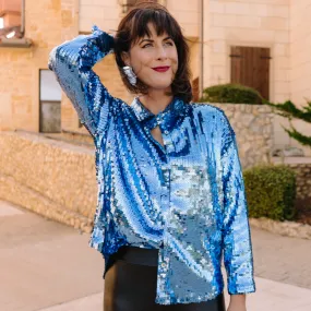 Shimmer & Sparkle Blue Sequined Collared Shirt