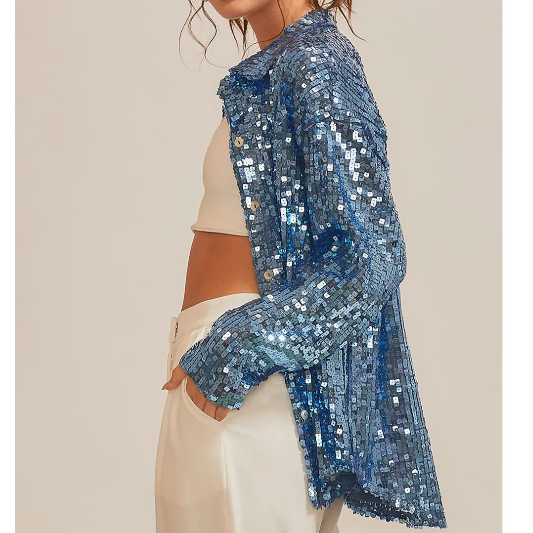 Shimmer & Sparkle Blue Sequined Collared Shirt