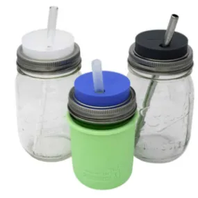 Silicone Straw lid with stainless steel band for mason jar