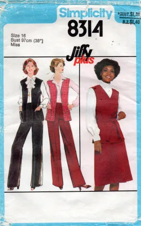 Simplicity 8314 Womens JIFFY PLUS Skirt Pants & Vest 1970s Vintage Sewing pattern Size 16 Bust 38 inches UNCUT Factory Folded