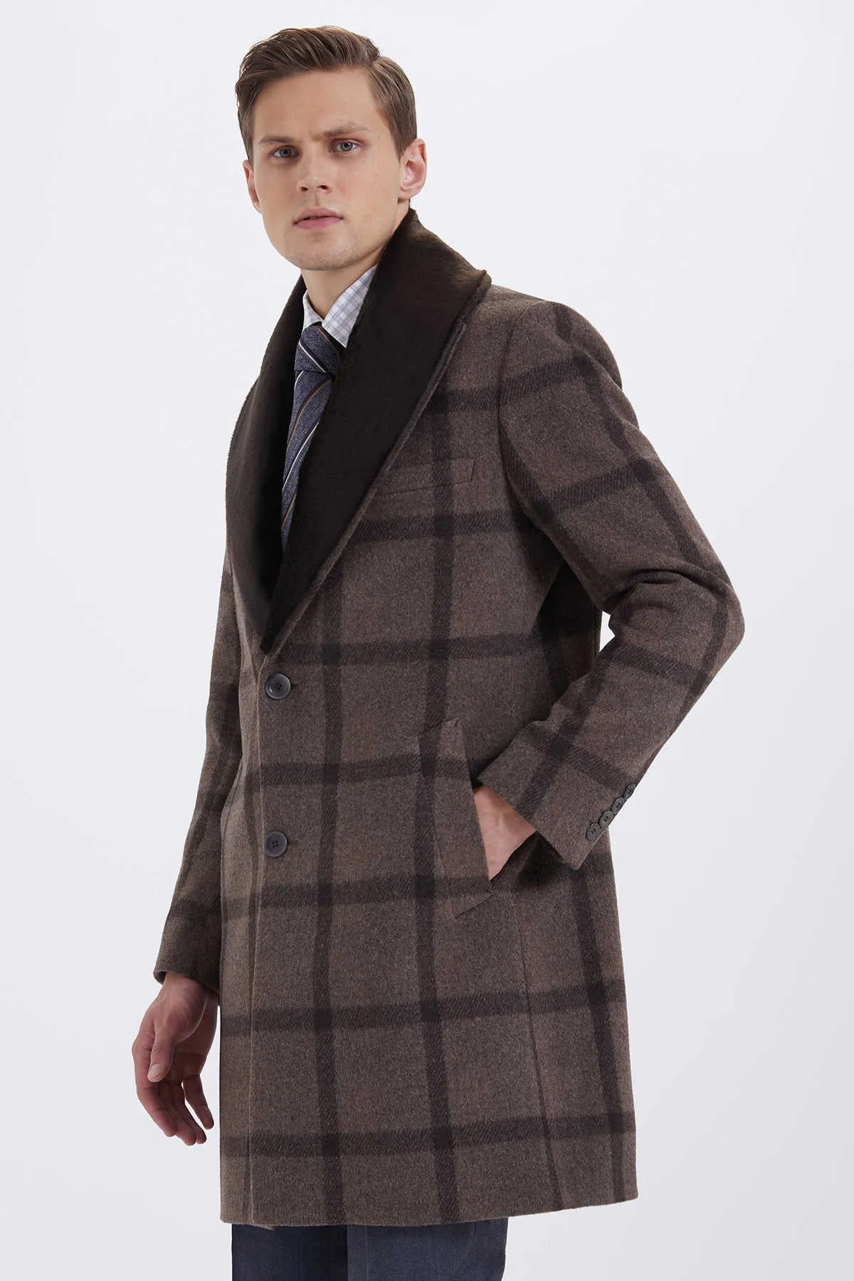 Slim Fit Notch Lapel Wool Brown Overcoat, Brown K.