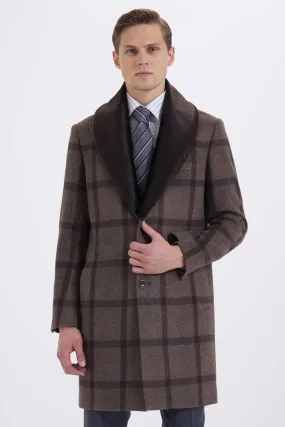 Slim Fit Notch Lapel Wool Brown Overcoat, Brown K.