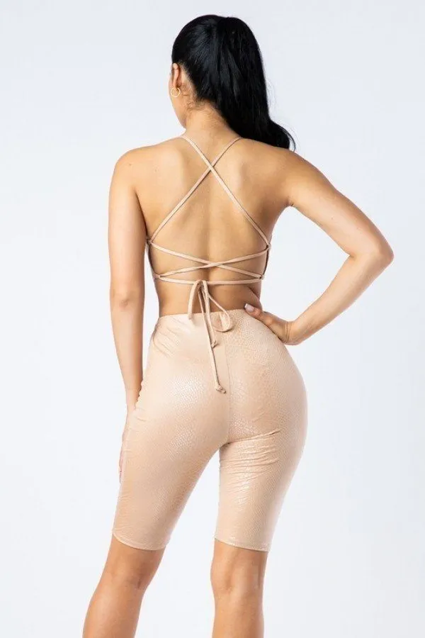 Spaghetti Strap Cut Out Detailed Biker Short Romper