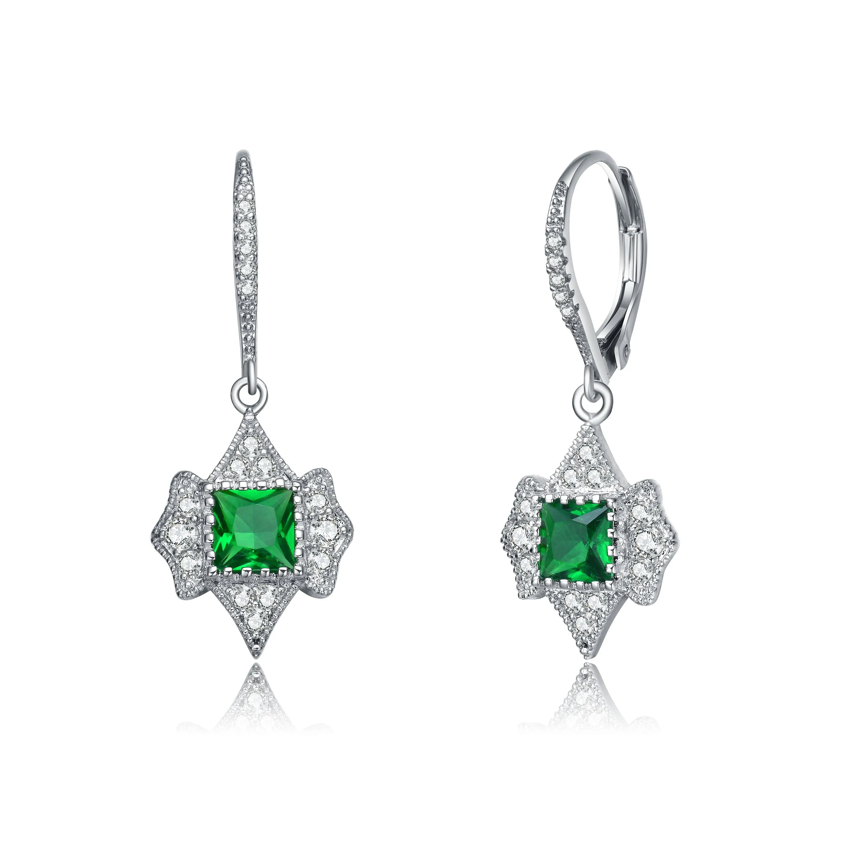 Sterling Silver Princess and Round Cubic Zirconia Leverback Earrings