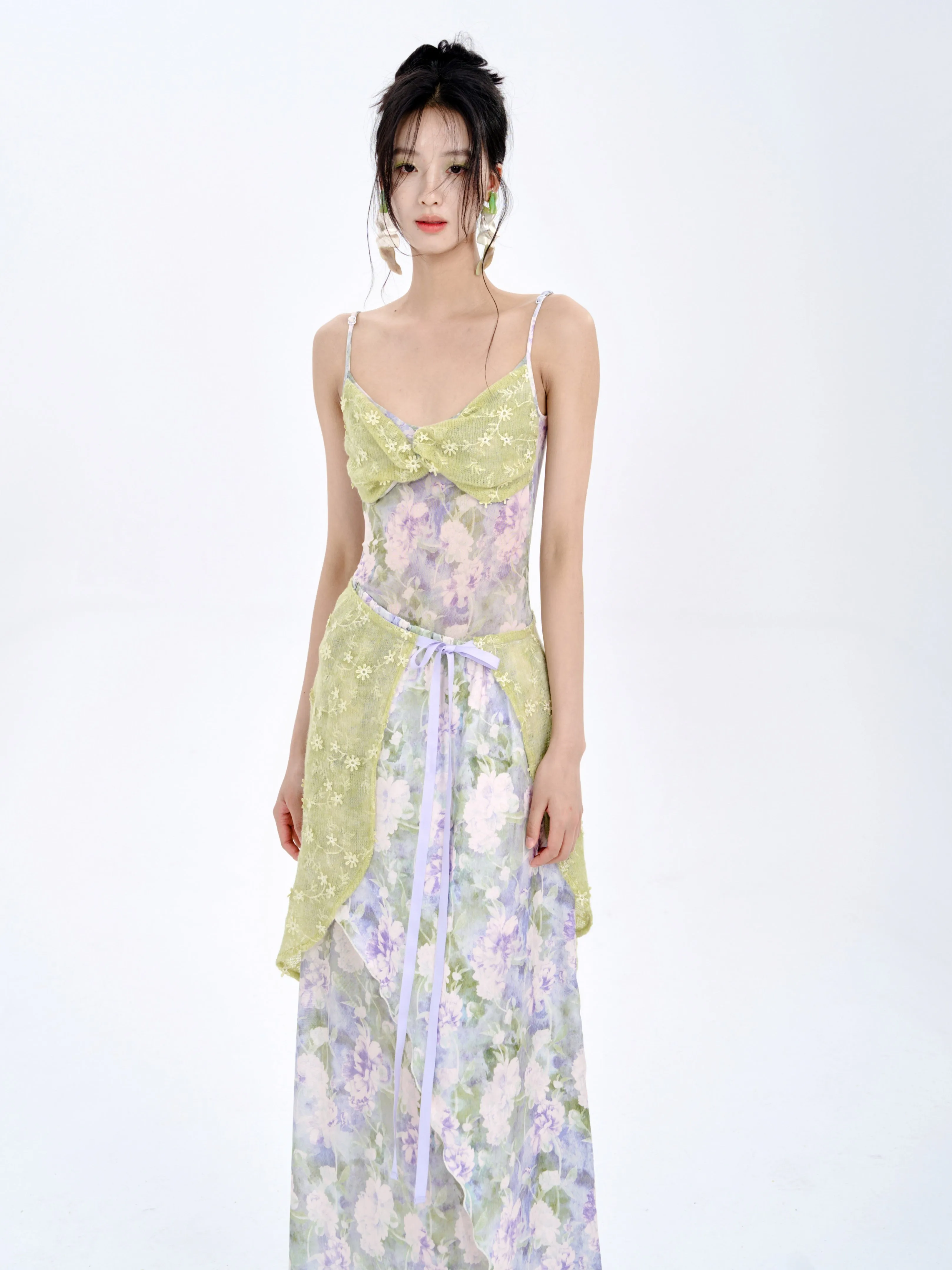 Stitching Tube Top Suspender Floral Dress & Wrap Skirt