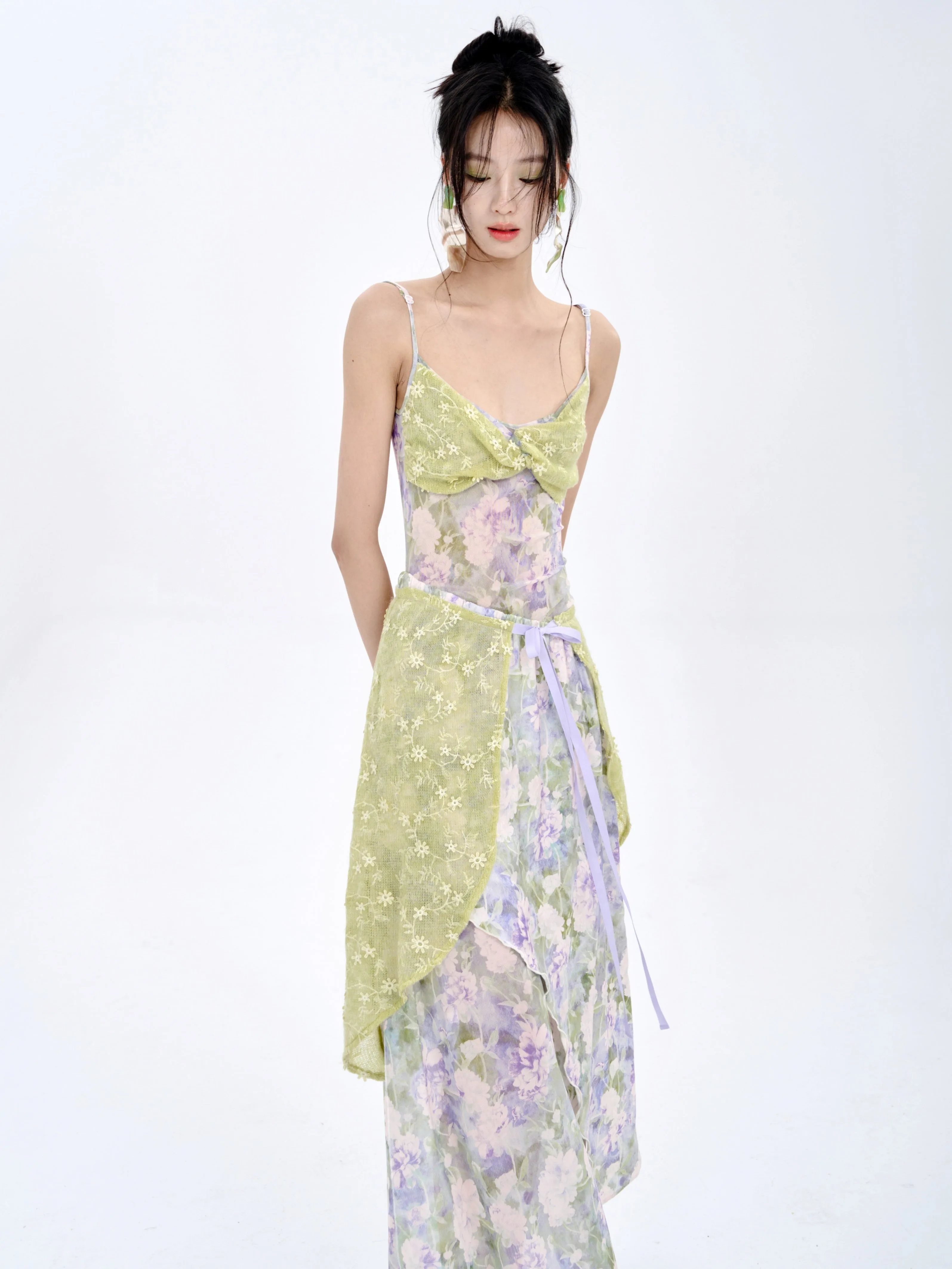 Stitching Tube Top Suspender Floral Dress & Wrap Skirt