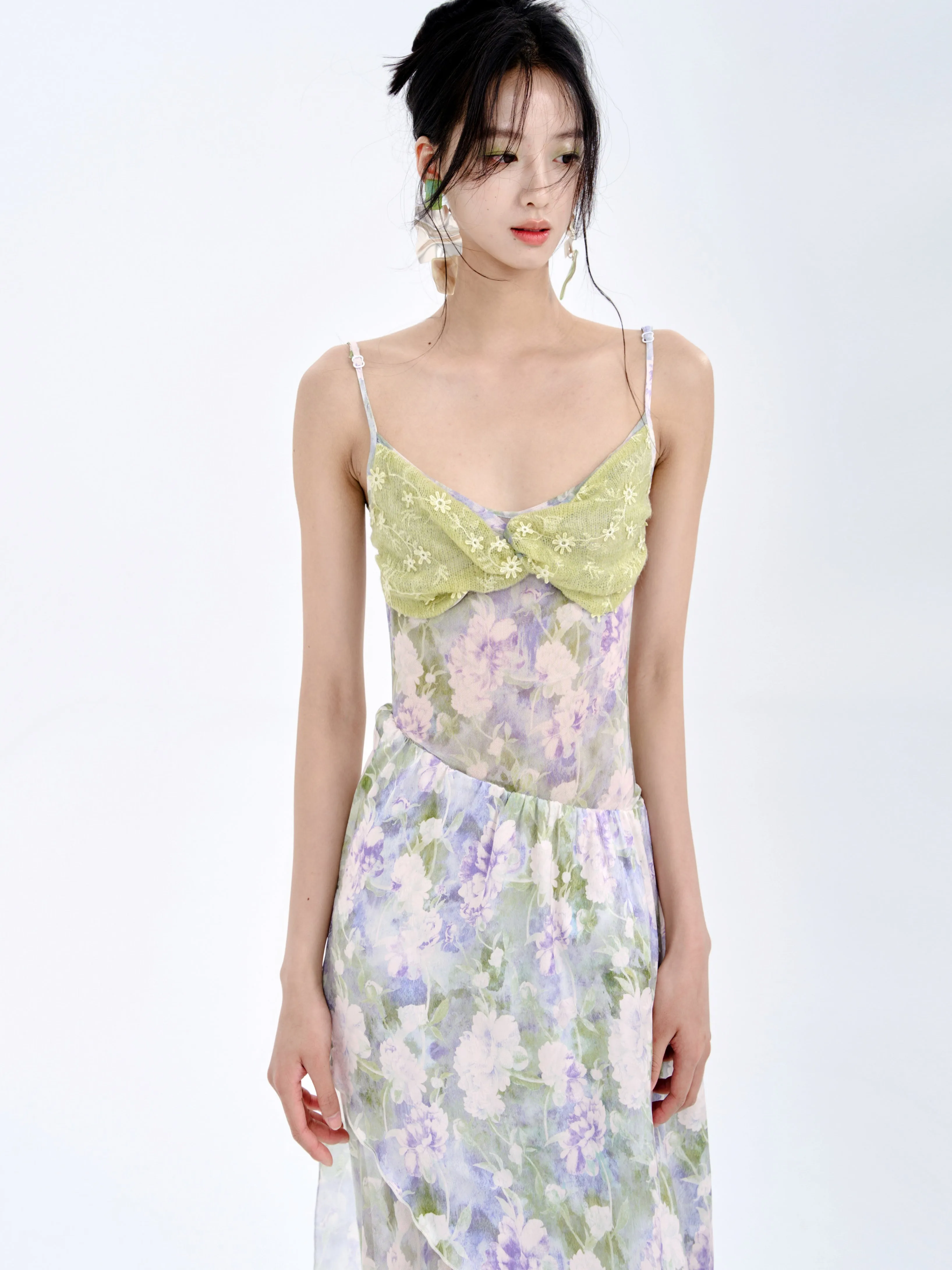 Stitching Tube Top Suspender Floral Dress & Wrap Skirt