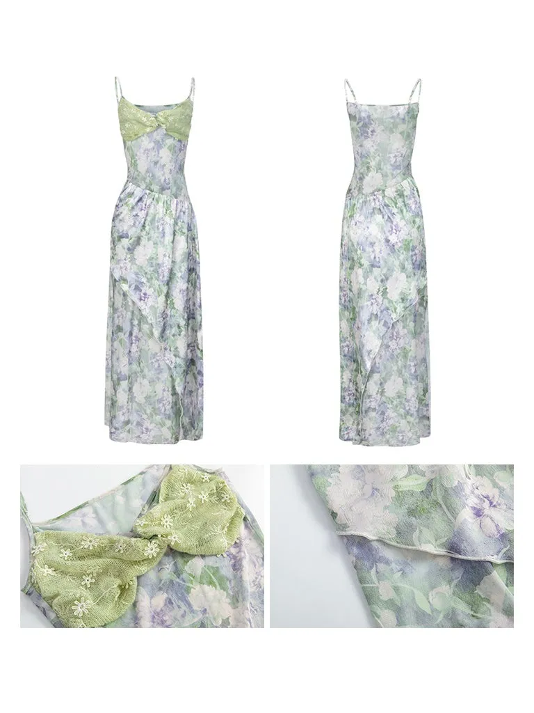 Stitching Tube Top Suspender Floral Dress & Wrap Skirt