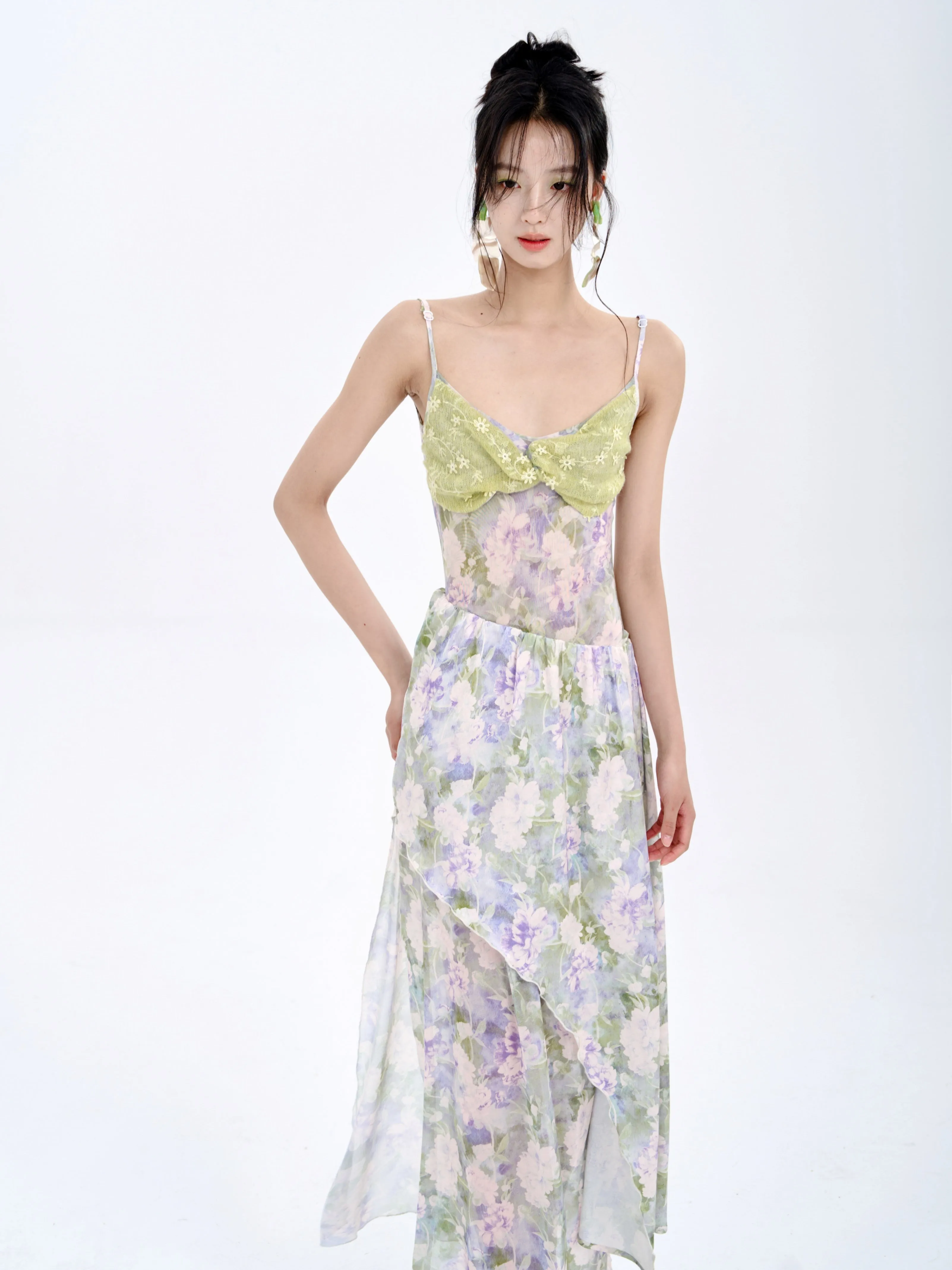 Stitching Tube Top Suspender Floral Dress & Wrap Skirt