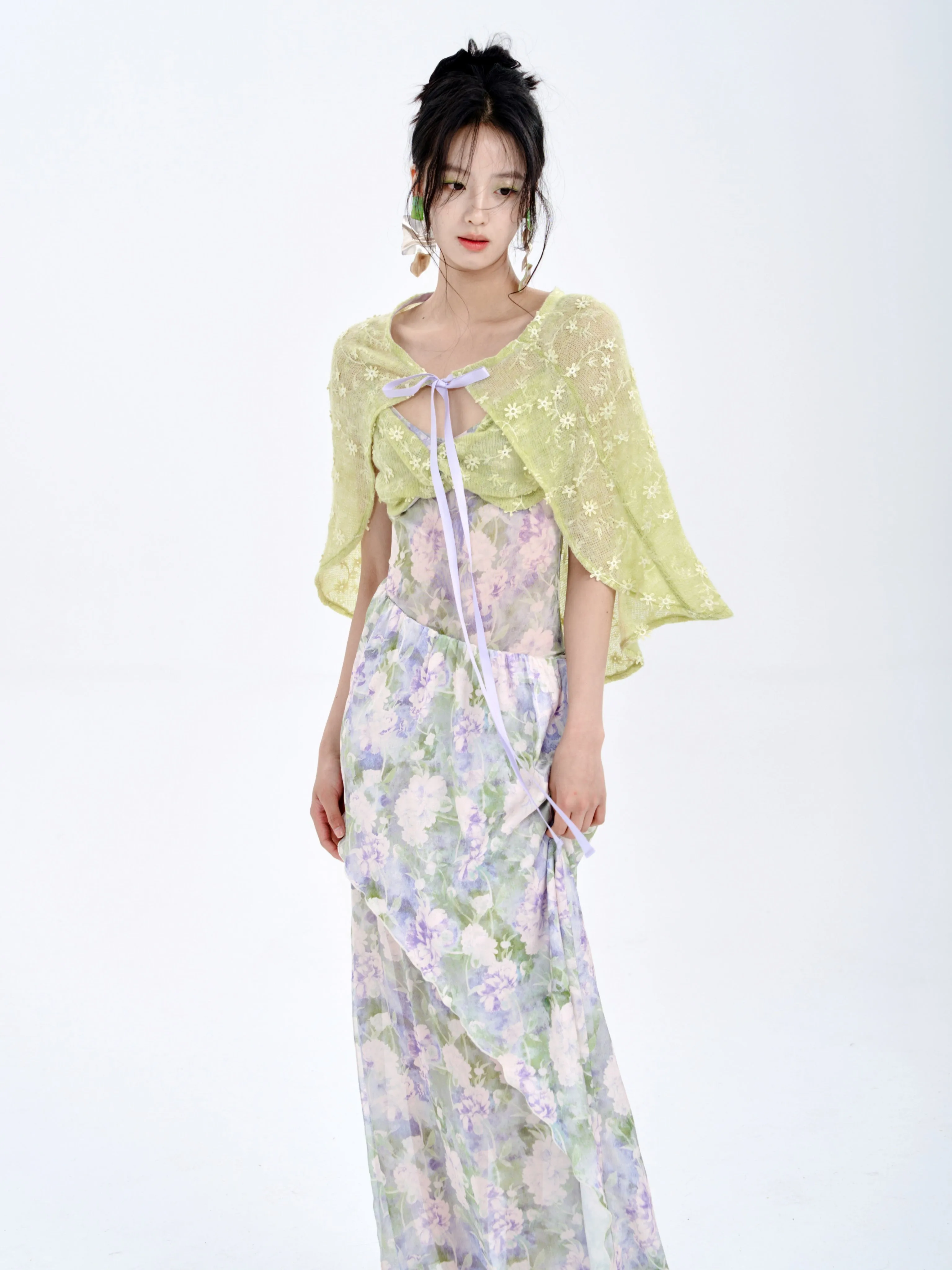 Stitching Tube Top Suspender Floral Dress & Wrap Skirt