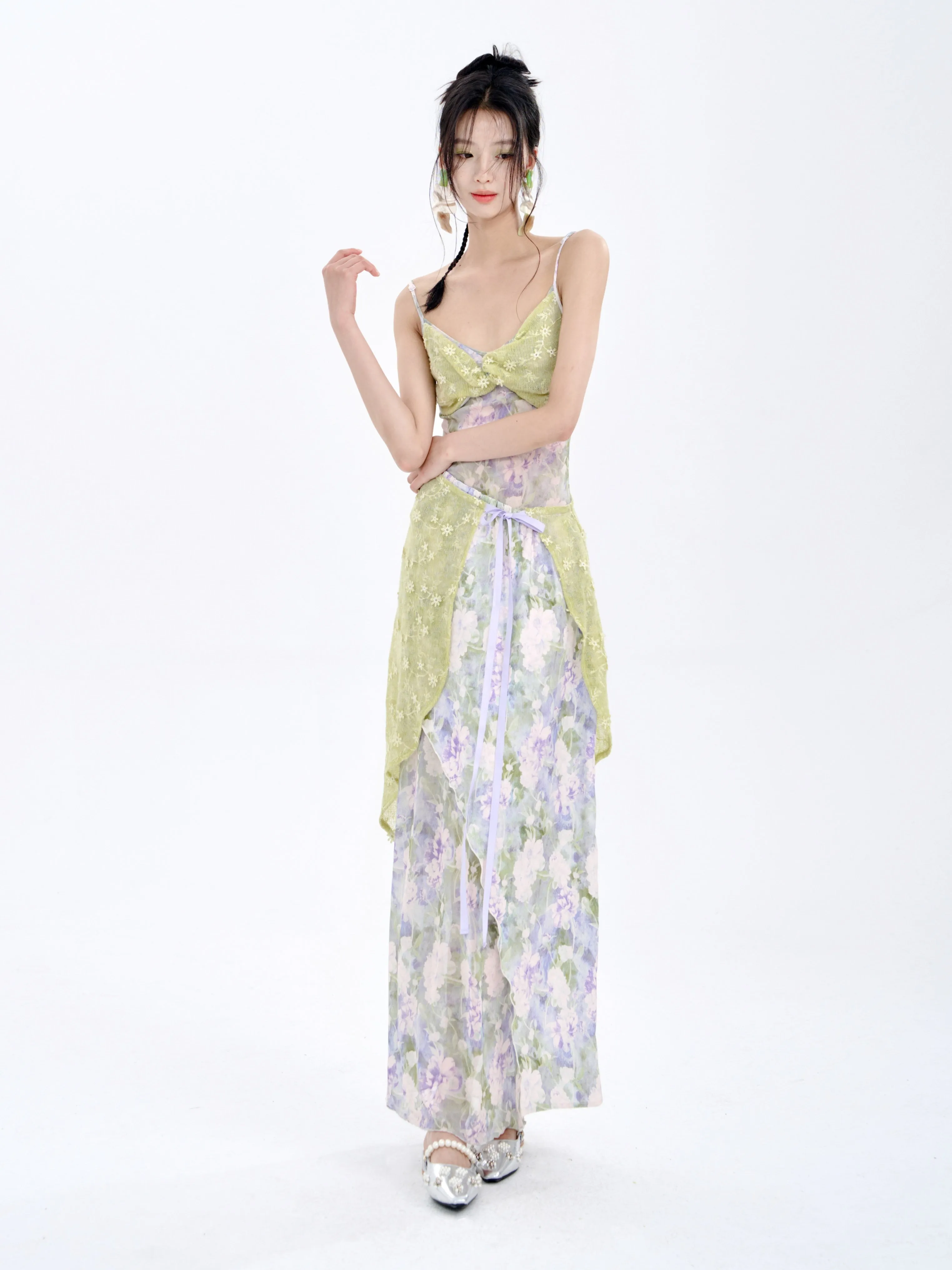 Stitching Tube Top Suspender Floral Dress & Wrap Skirt