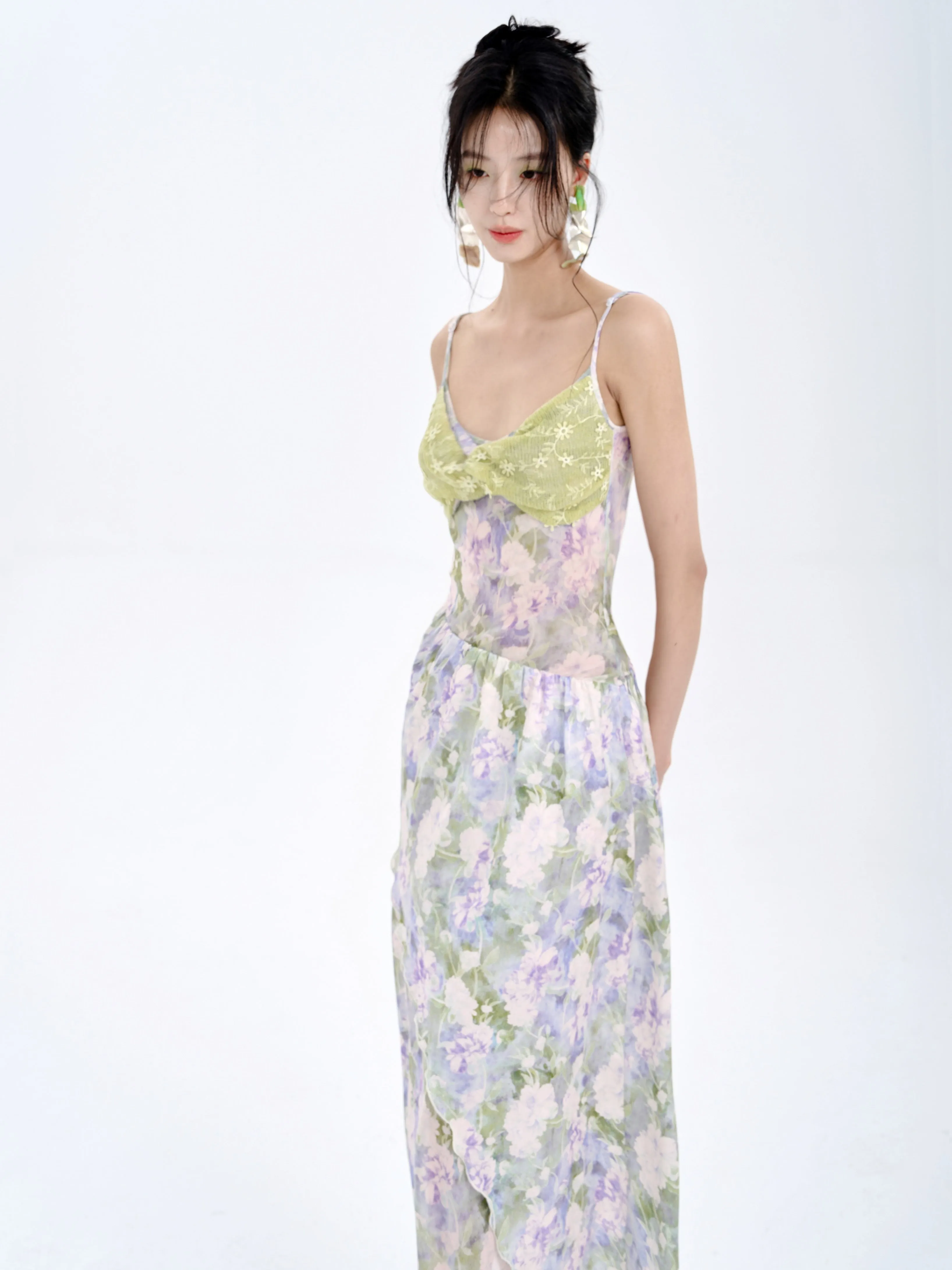 Stitching Tube Top Suspender Floral Dress & Wrap Skirt