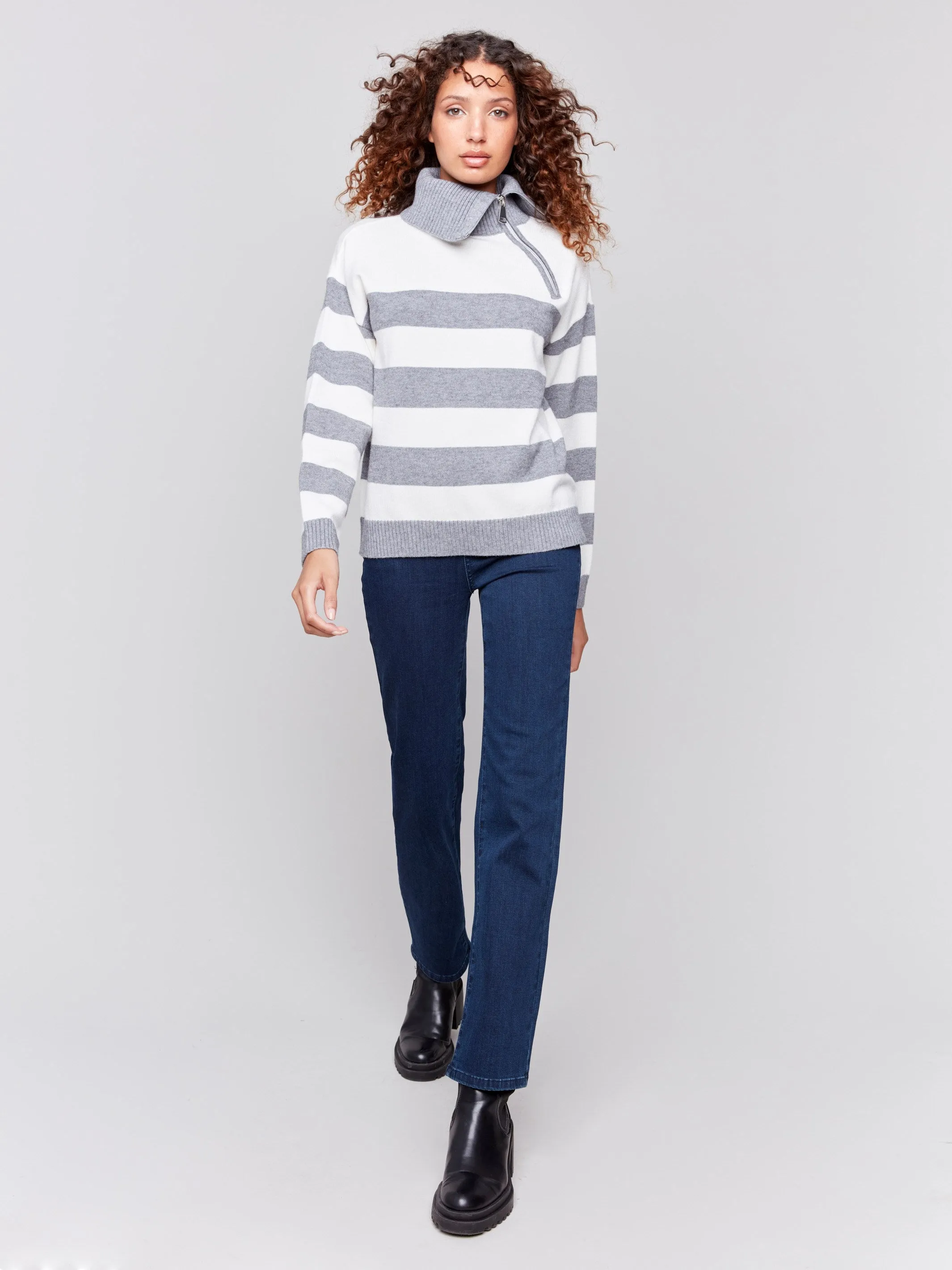 Striped Turtleneck Sweater With Zipper Detail - Grey