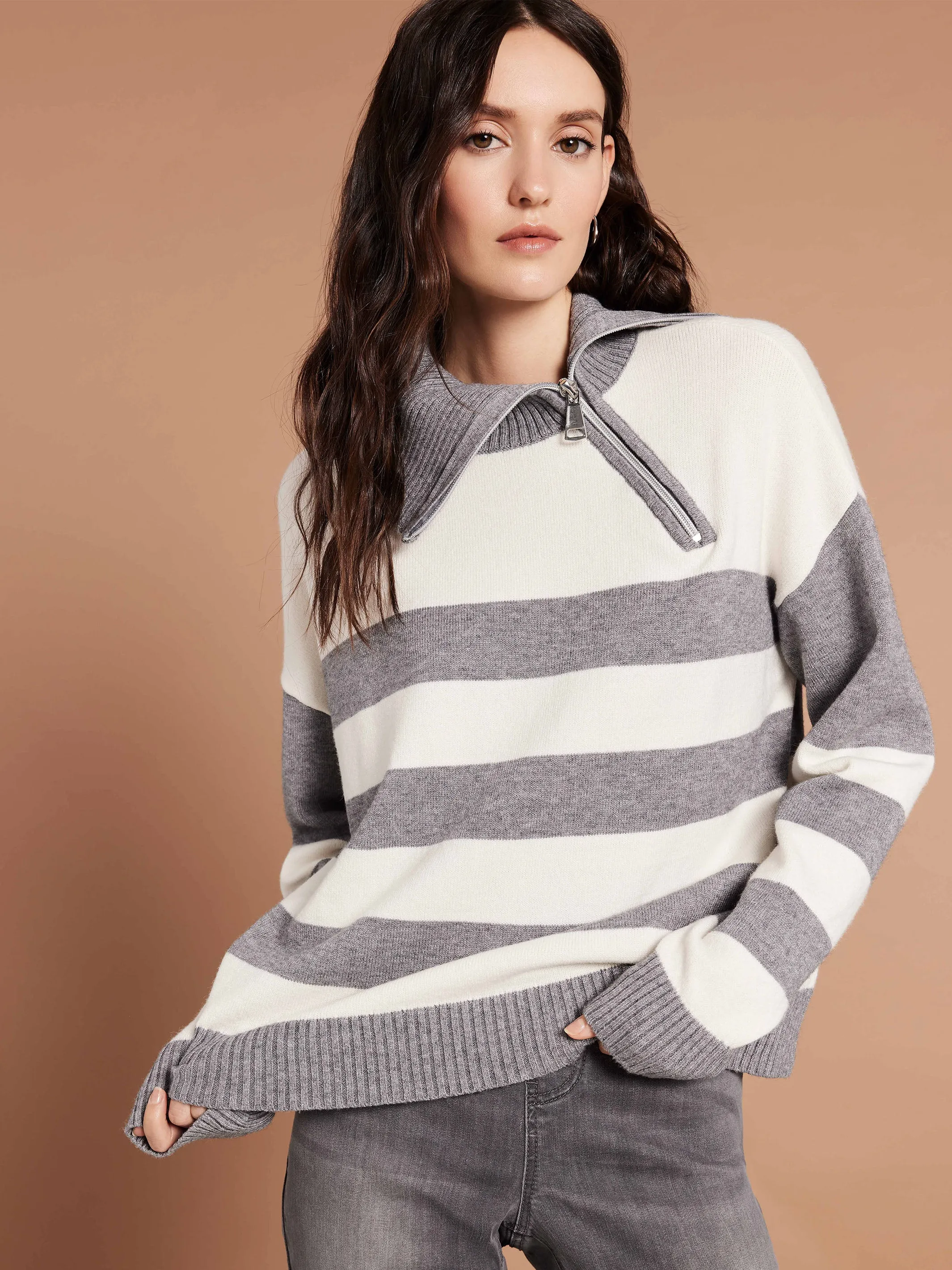 Striped Turtleneck Sweater With Zipper Detail - Grey