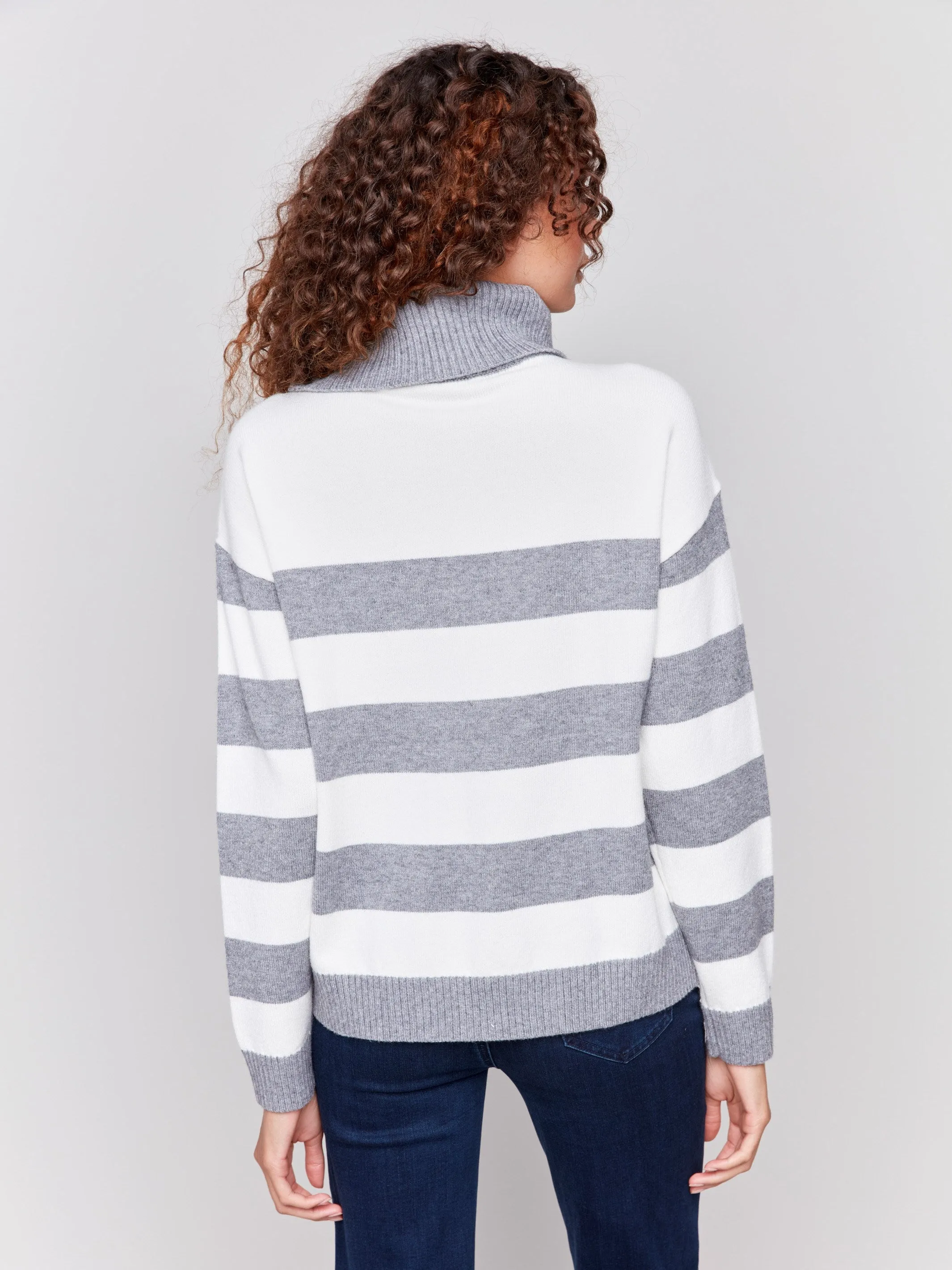 Striped Turtleneck Sweater With Zipper Detail - Grey