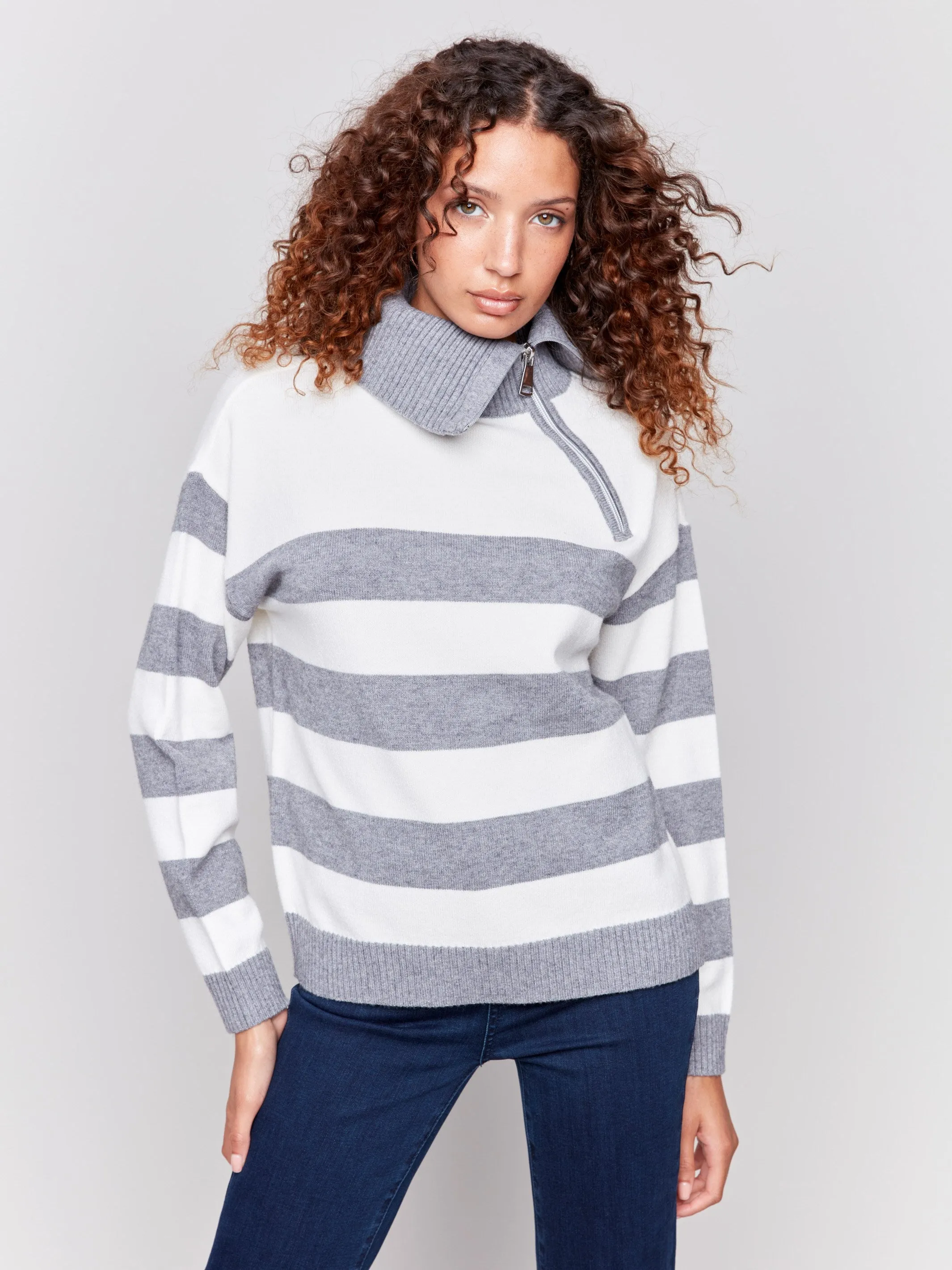 Striped Turtleneck Sweater With Zipper Detail - Grey