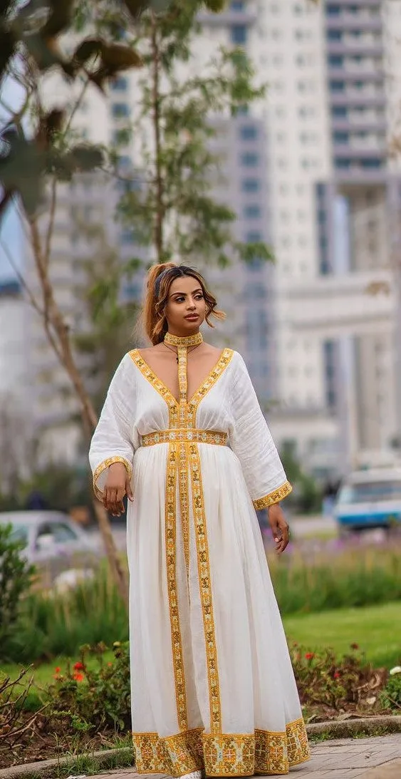 Stylish Golden Habesha Dress: with Attached Choker-Style Collar Modern Ethiopian Dress