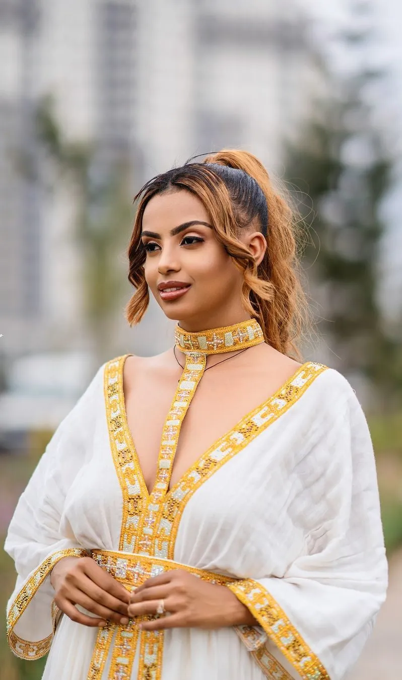 Stylish Golden Habesha Dress: with Attached Choker-Style Collar Modern Ethiopian Dress