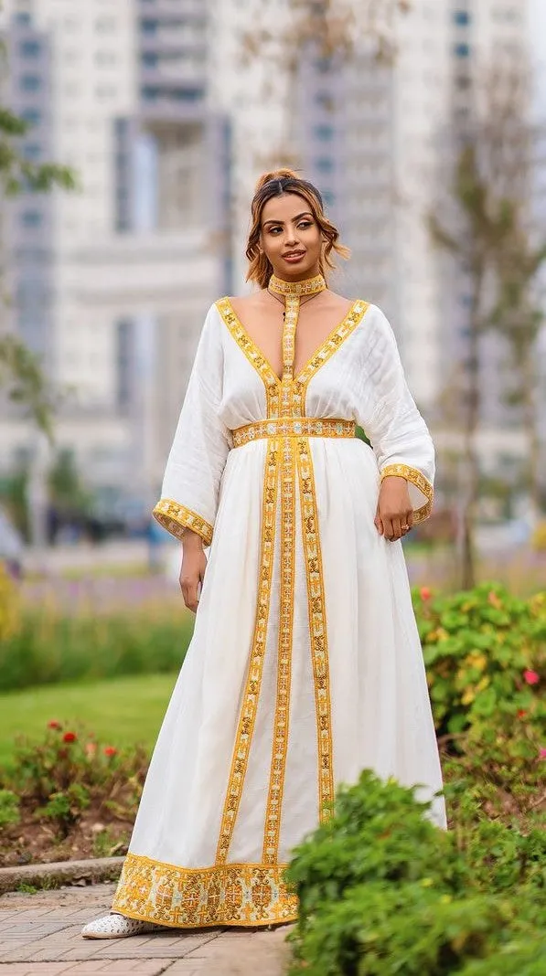 Stylish Golden Habesha Dress: with Attached Choker-Style Collar Modern Ethiopian Dress