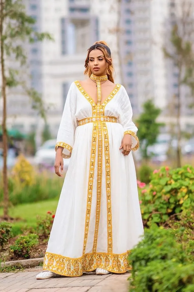 Stylish Golden Habesha Dress: with Attached Choker-Style Collar Modern Ethiopian Dress