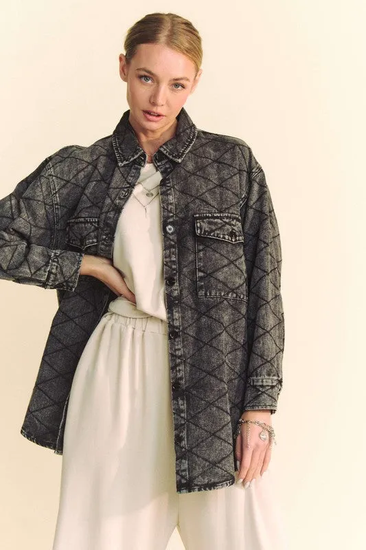 TEEK - Black Curved Hem Diamond Quilted Button Up Denim Shacket