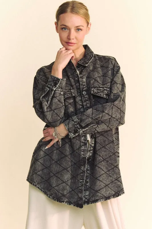 TEEK - Black Curved Hem Diamond Quilted Button Up Denim Shacket