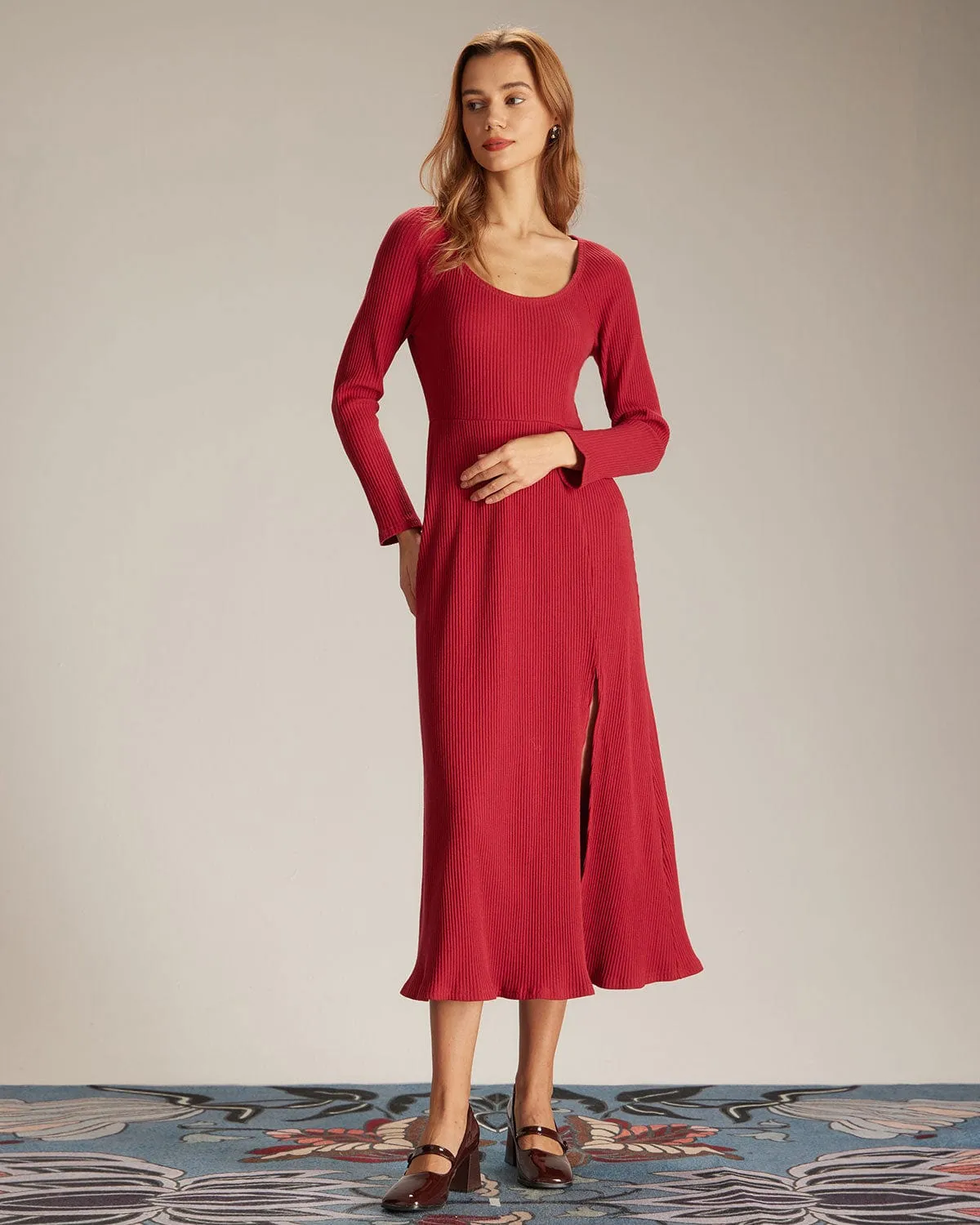 The Red Ribbed Side Split A-Line Maxi Dress