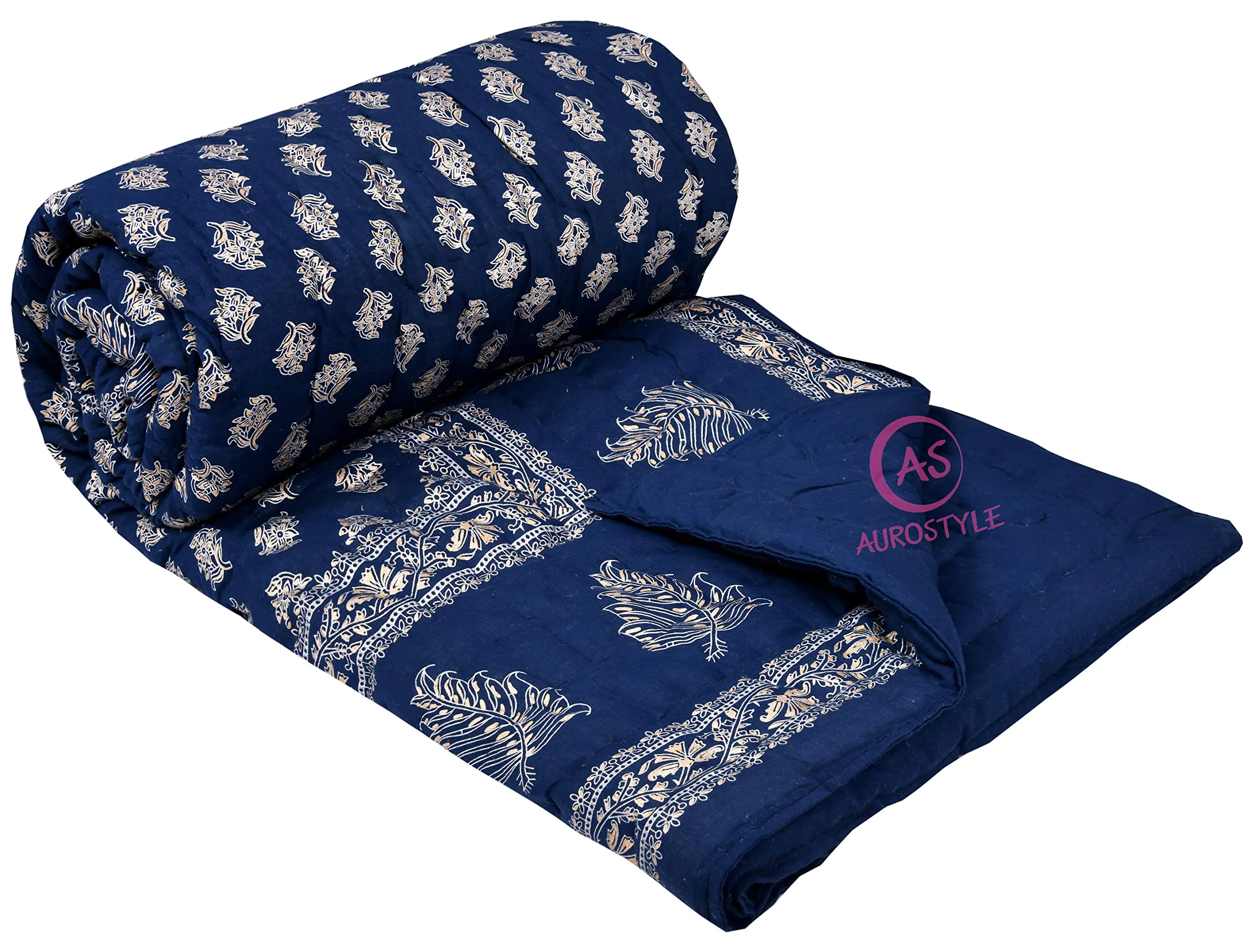 THROWS HOME DECOR 400 TC Pure Cotton Double Bed Soft Jaipuri AC Quilt/Razai/Rajai Floral Print,Jaipuri razai Double Bed for Winter Printed, (85 x 100 inch) Pack of 1, breathable, dark blue