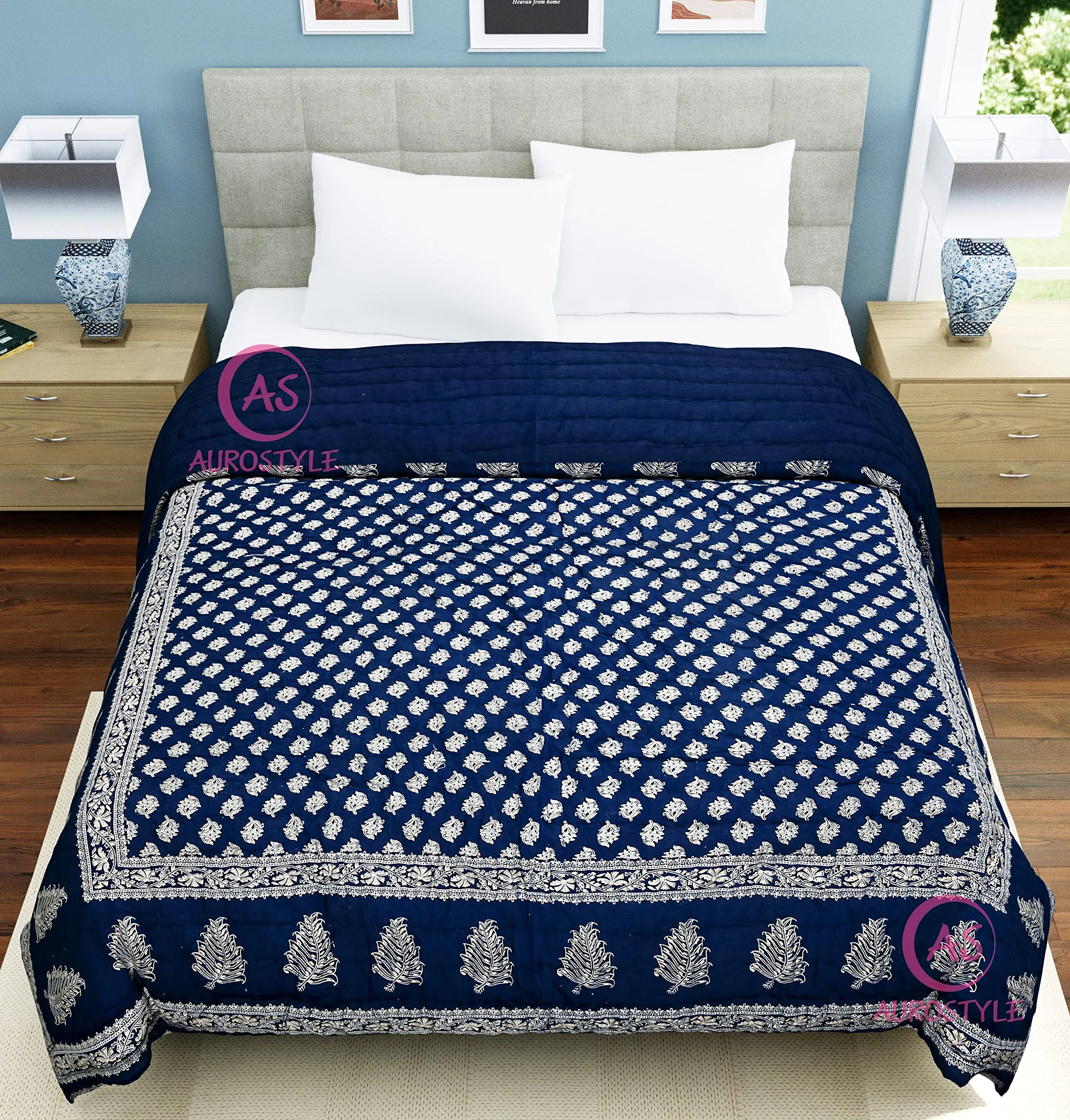 THROWS HOME DECOR 400 TC Pure Cotton Double Bed Soft Jaipuri AC Quilt/Razai/Rajai Floral Print,Jaipuri razai Double Bed for Winter Printed, (85 x 100 inch) Pack of 1, breathable, dark blue