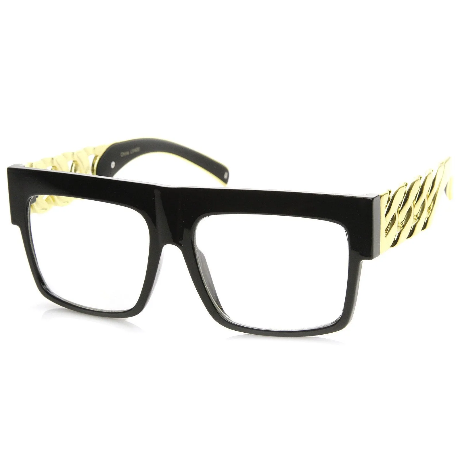 Trendy High Fashion Hipster Flat Top Chain Clear Lens Glasses