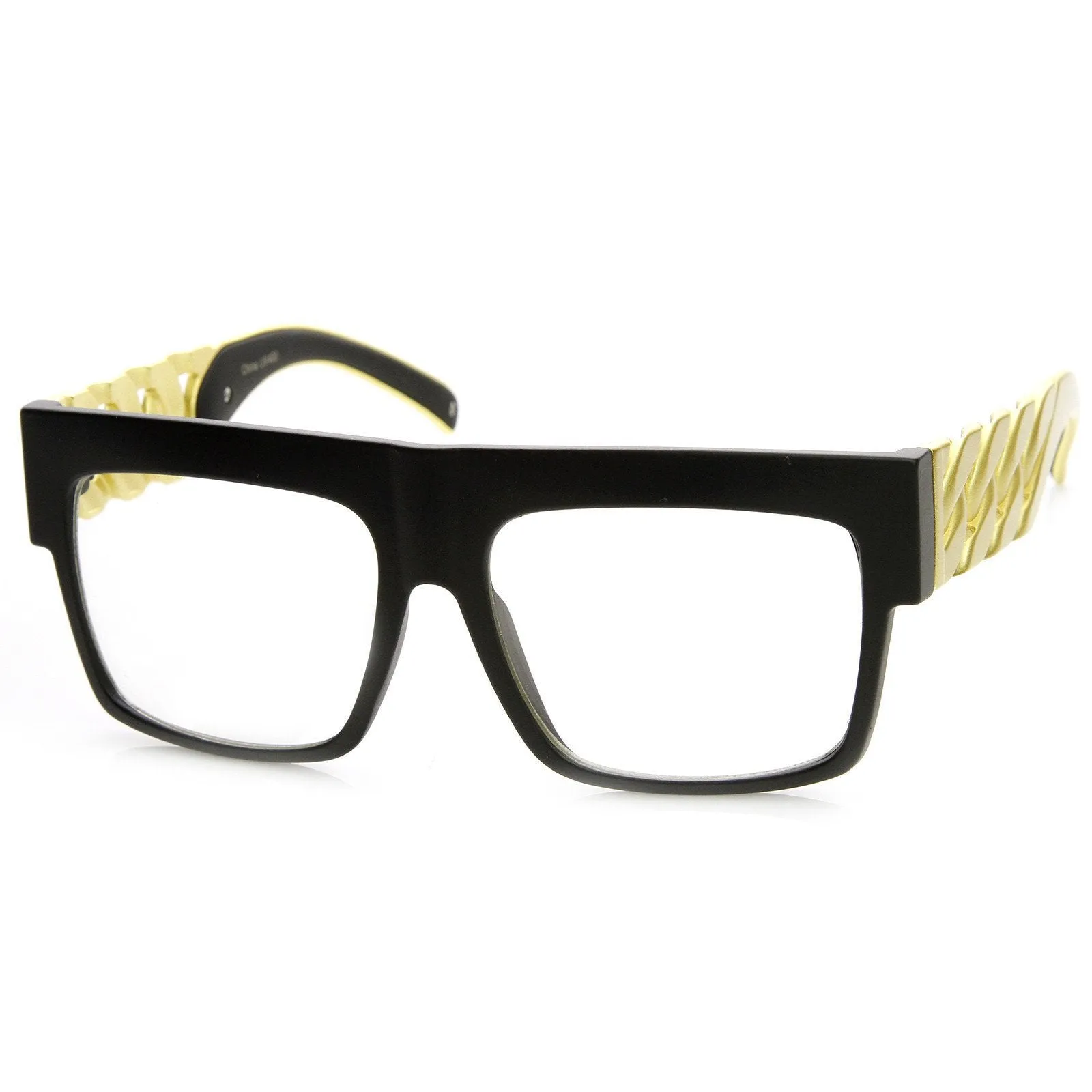 Trendy High Fashion Hipster Flat Top Chain Clear Lens Glasses