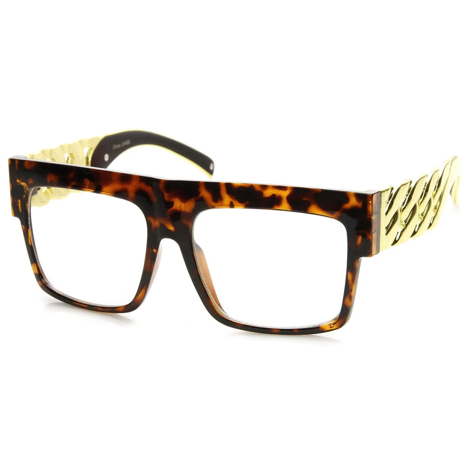 Trendy High Fashion Hipster Flat Top Chain Clear Lens Glasses