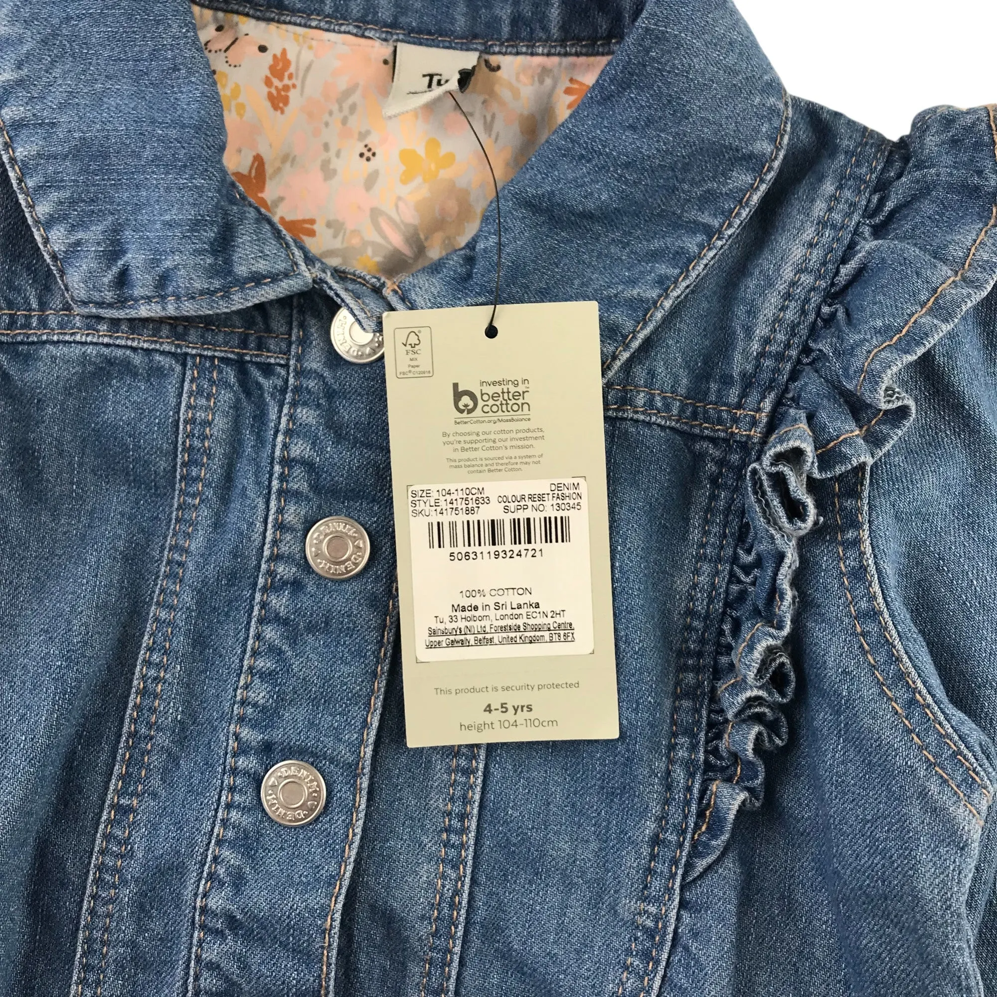 Tu denim jacket 4-5 years blue frilled detail clip buttons