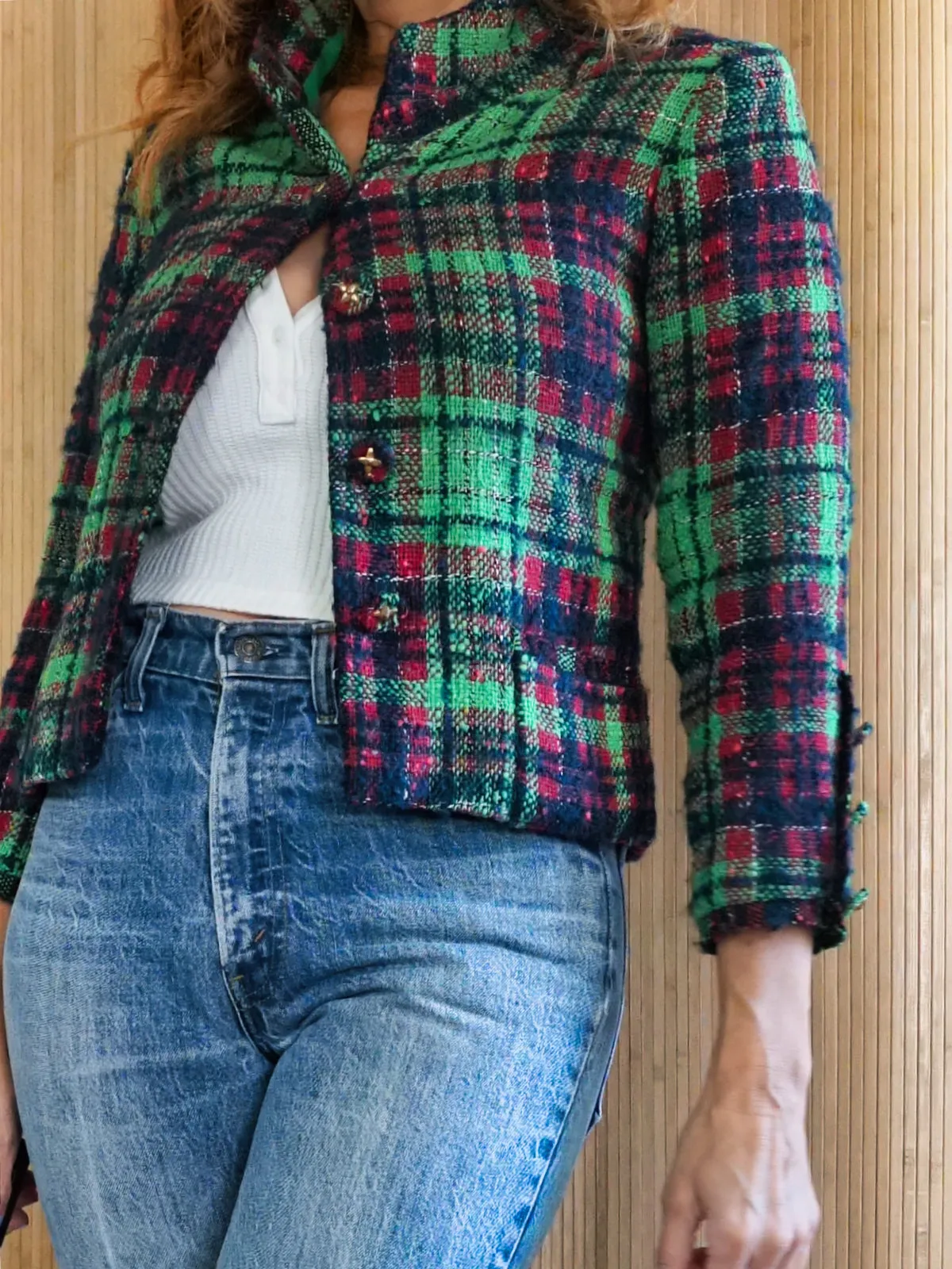 Vintage Green Plaid Boucle Blazer