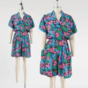 Vintage Hawaiian Tropical Floral Print Romper High Waisted Shorts One Piece Playsuit size S M