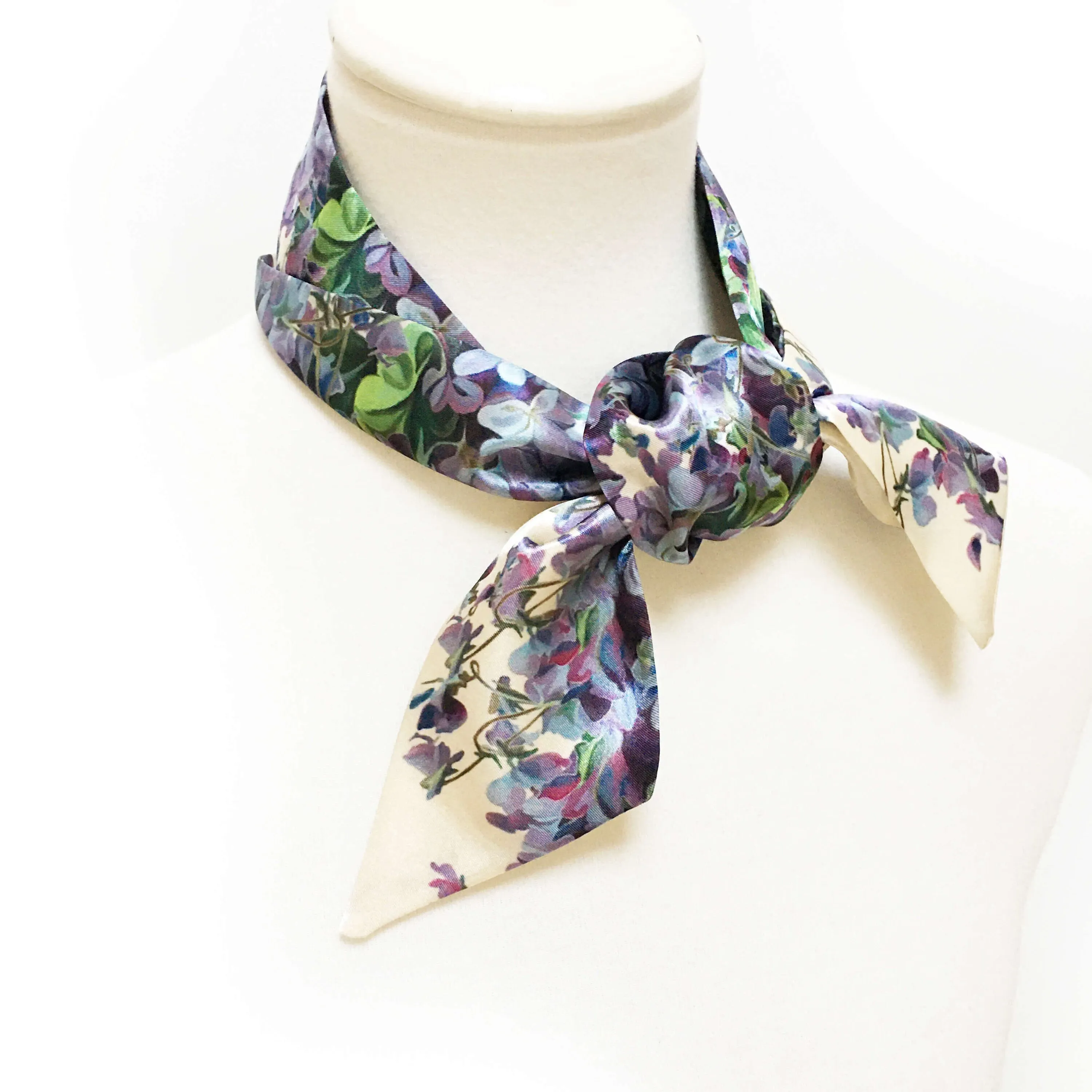 Violets Short Satin Skinny Scarf,Womans Scarf,floral scarf,ladies scarf,hair tie, hangbag tie scarf, violets scarf