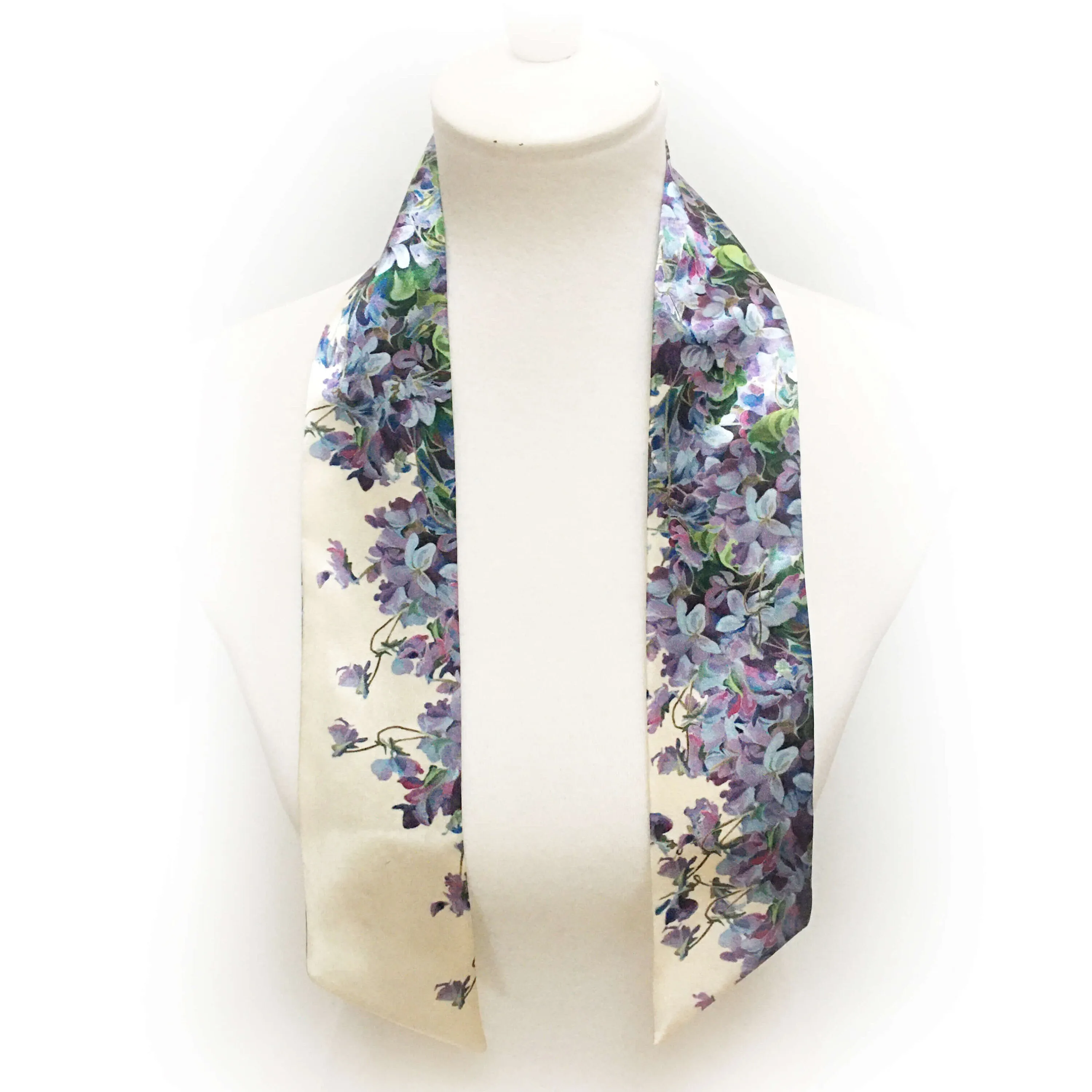 Violets Short Satin Skinny Scarf,Womans Scarf,floral scarf,ladies scarf,hair tie, hangbag tie scarf, violets scarf