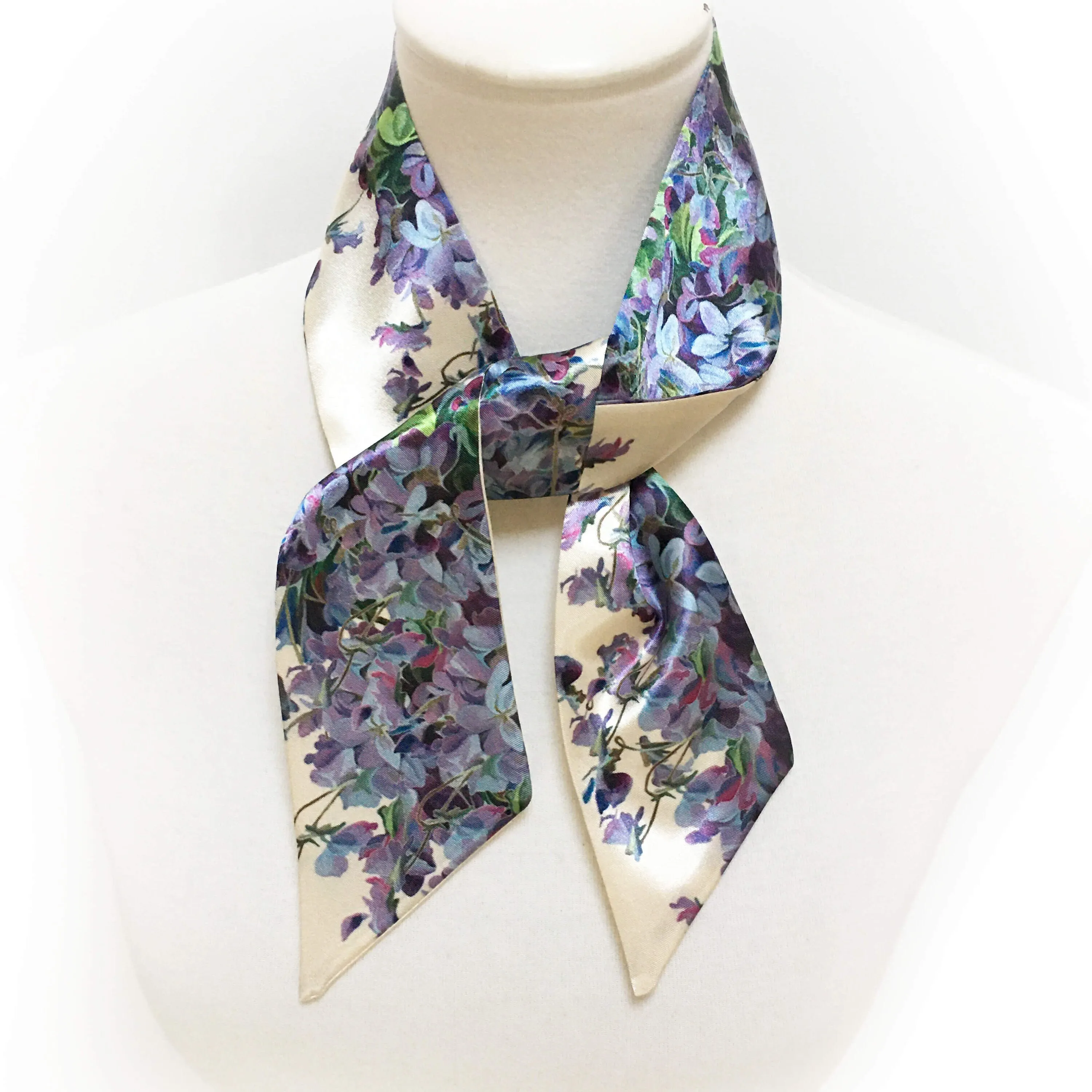 Violets Short Satin Skinny Scarf,Womans Scarf,floral scarf,ladies scarf,hair tie, hangbag tie scarf, violets scarf