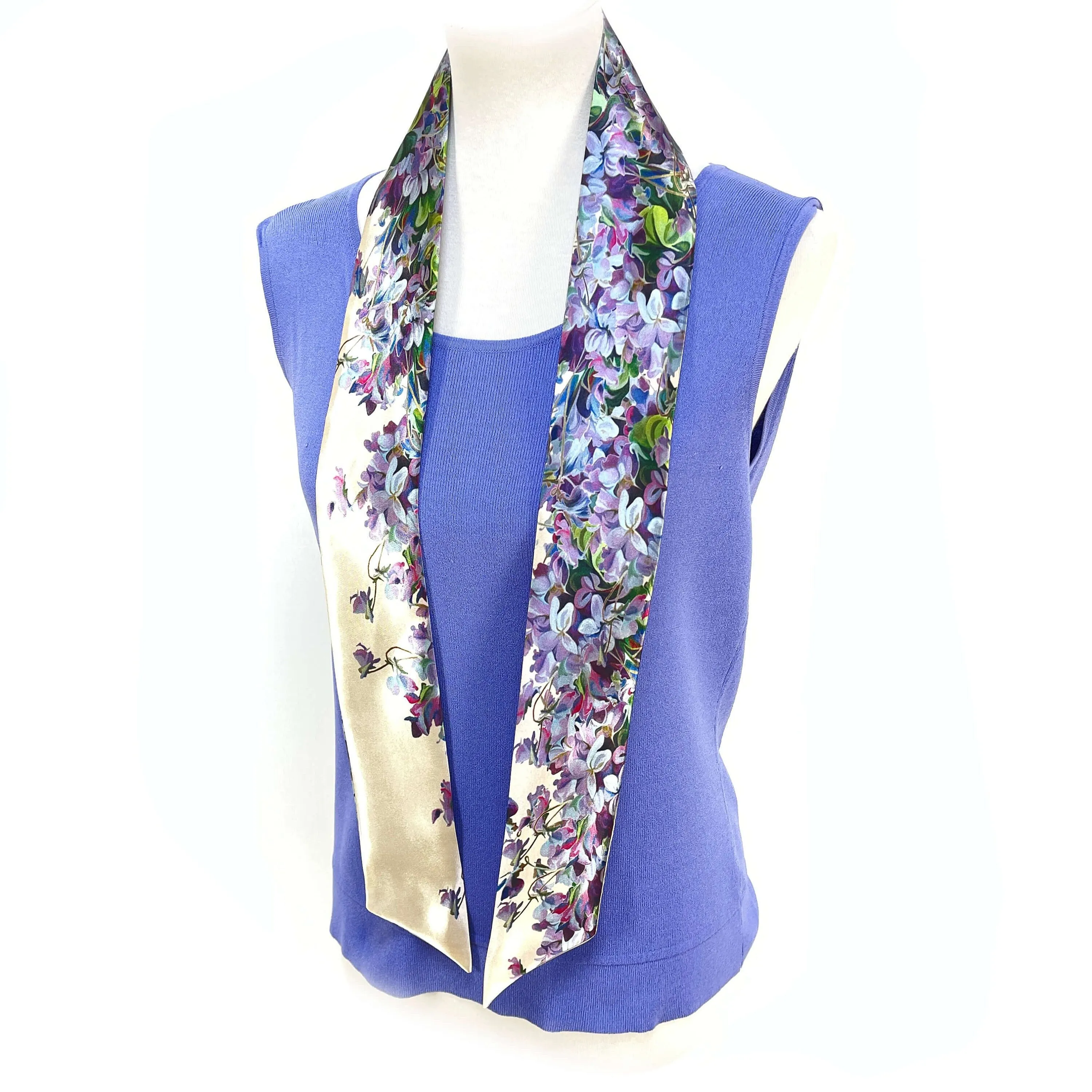 Violets Skinny Scarf,Womans Scarf,floral scarf,Satin Scarf,ladies scarf,hair tie, hangbag scarf,floral scarf,violet scarf