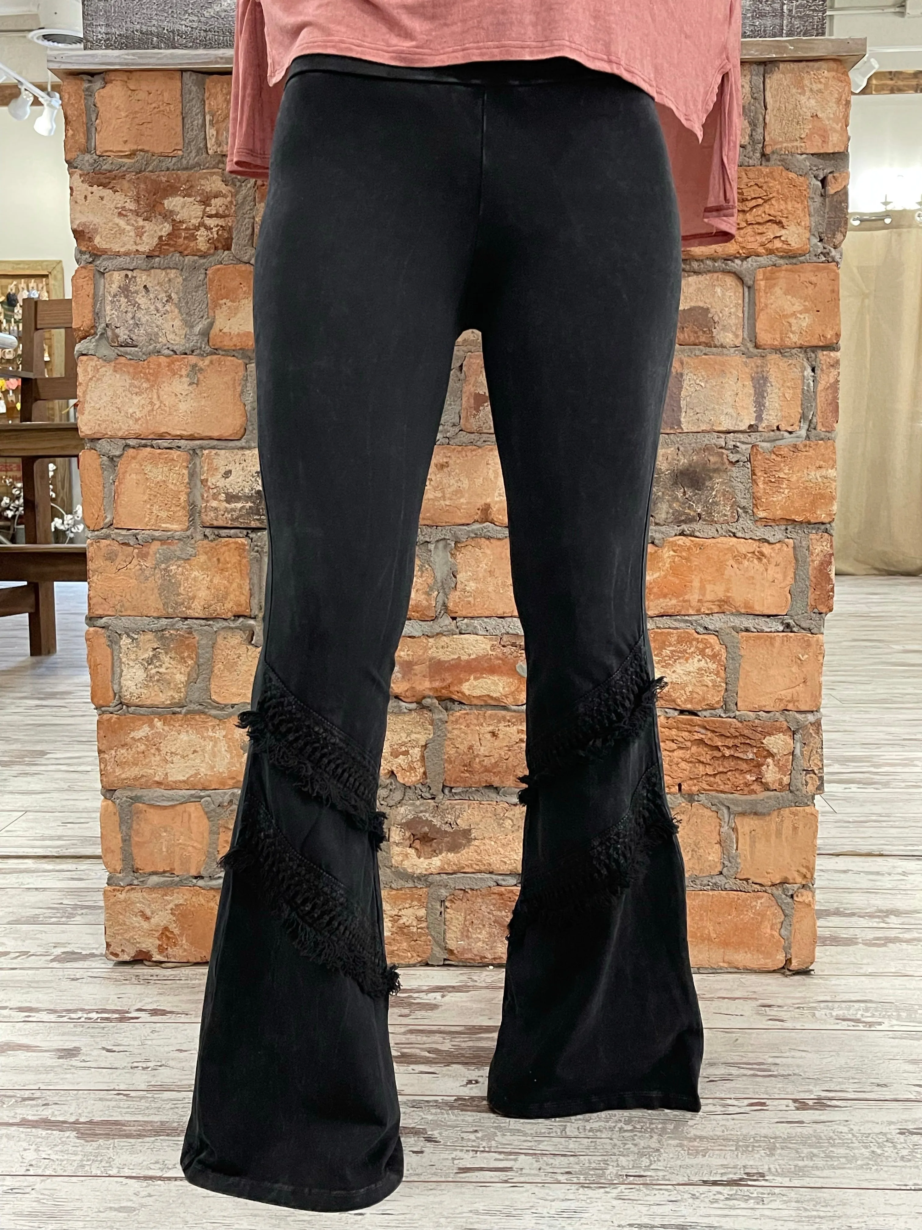 Washed Bell Bottom Flare with Fringe in Black