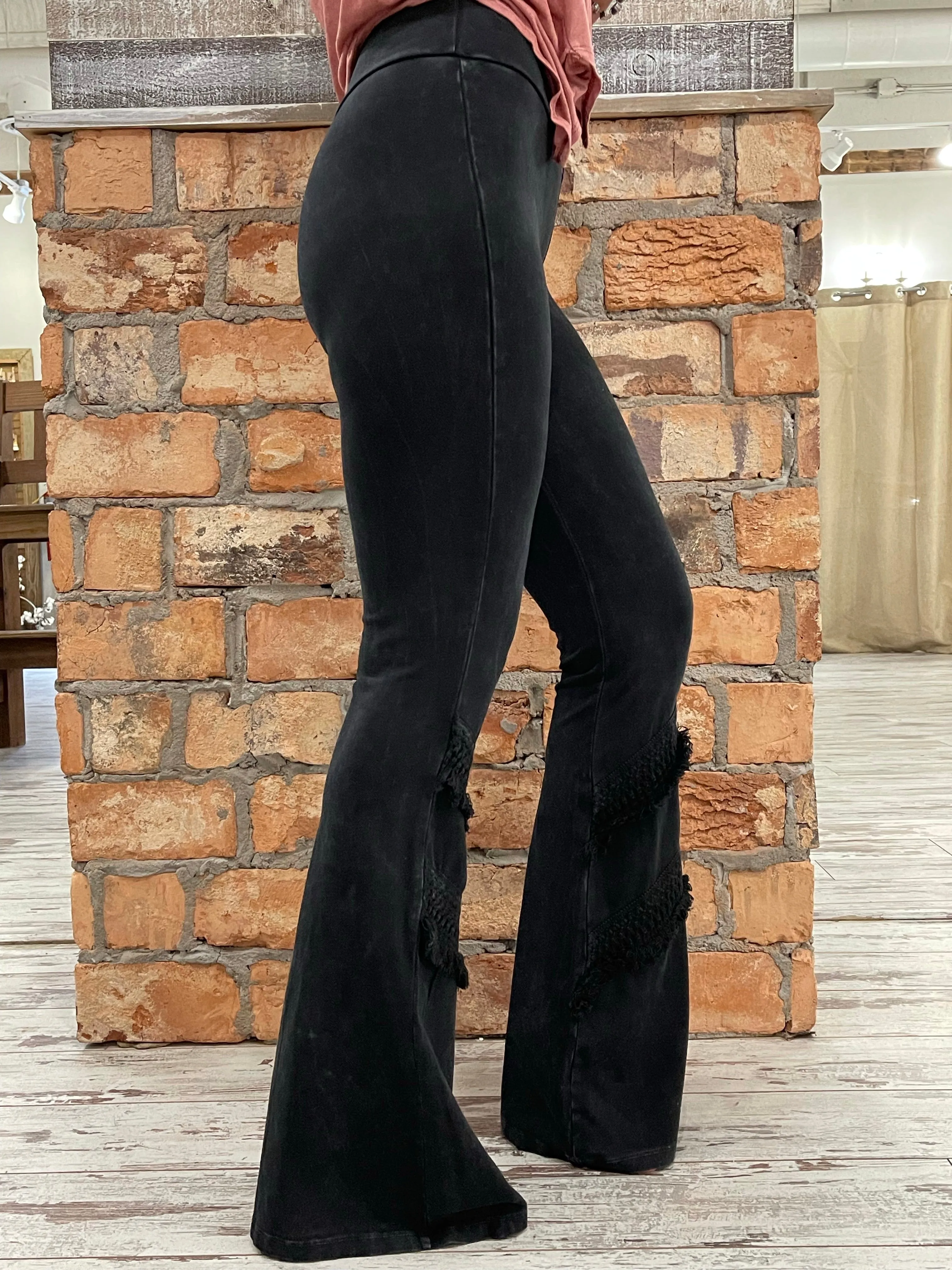 Washed Bell Bottom Flare with Fringe in Black