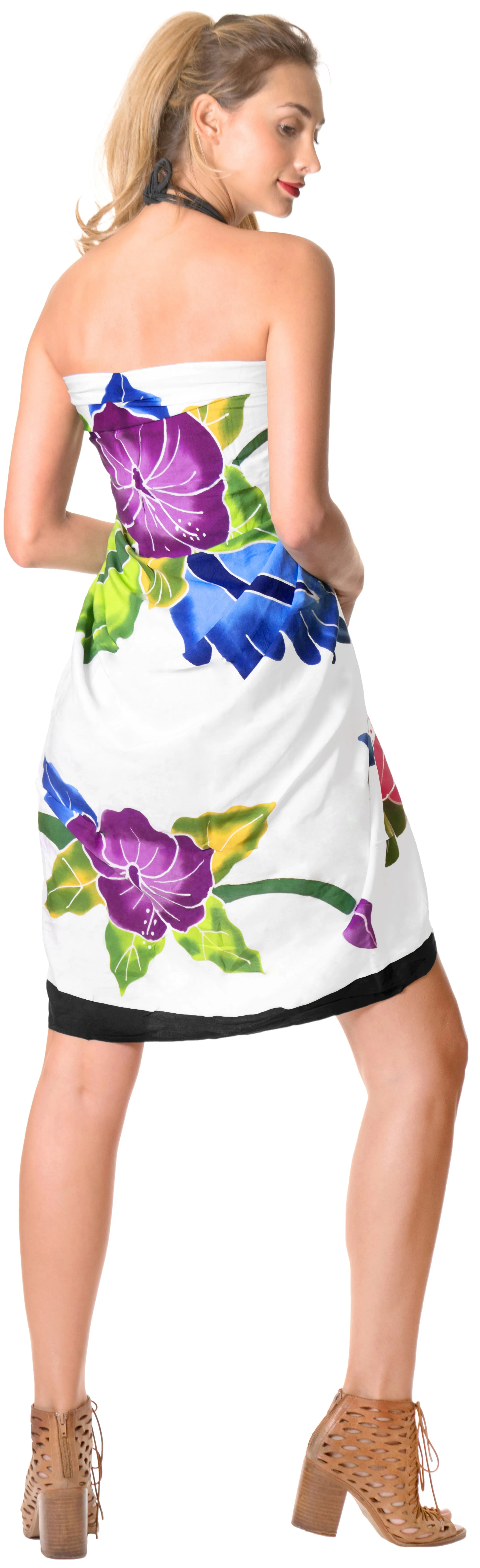 White Non-Sheer Hand Painted Mutlicolor Floral and Leaves Beach Wrap For Women