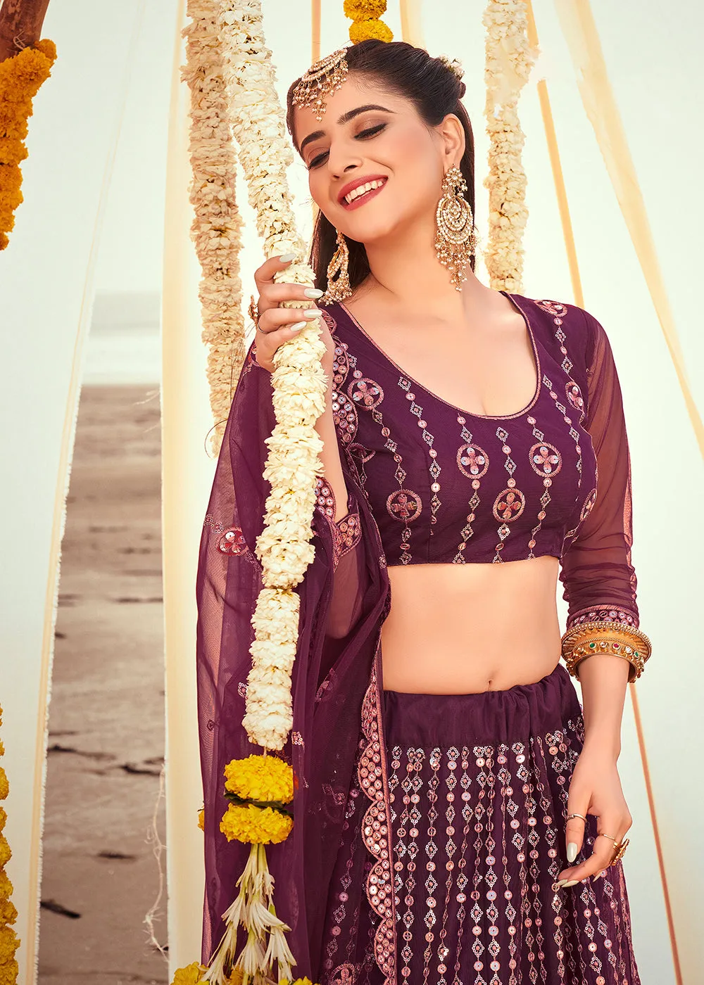 Wine Purple Sequined Wedding Function Wear Lehenga Choli