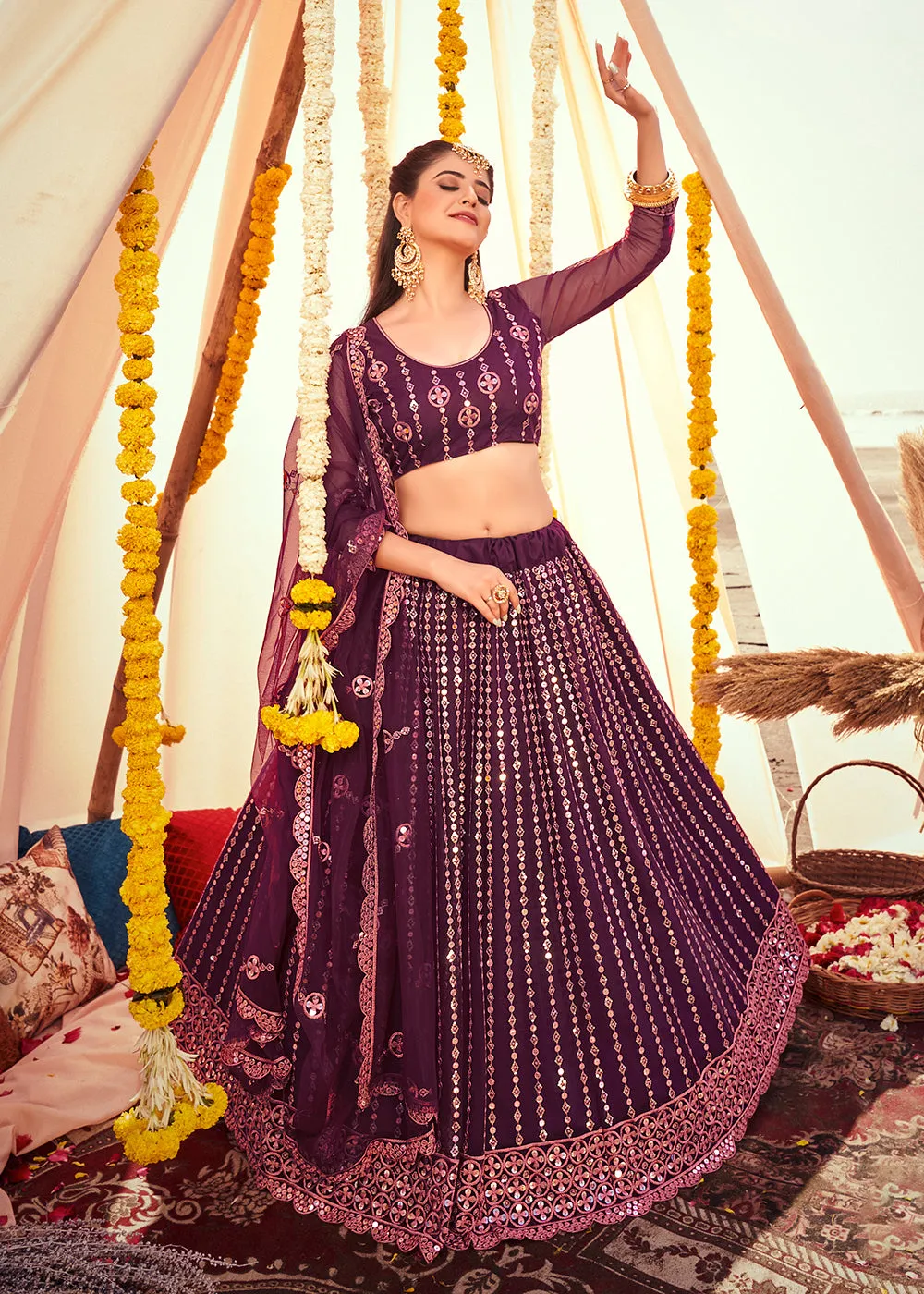 Wine Purple Sequined Wedding Function Wear Lehenga Choli